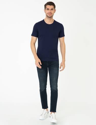 Lacivert Slim Fit %100 Pamuk Bisiklet Yaka Basic Tişört