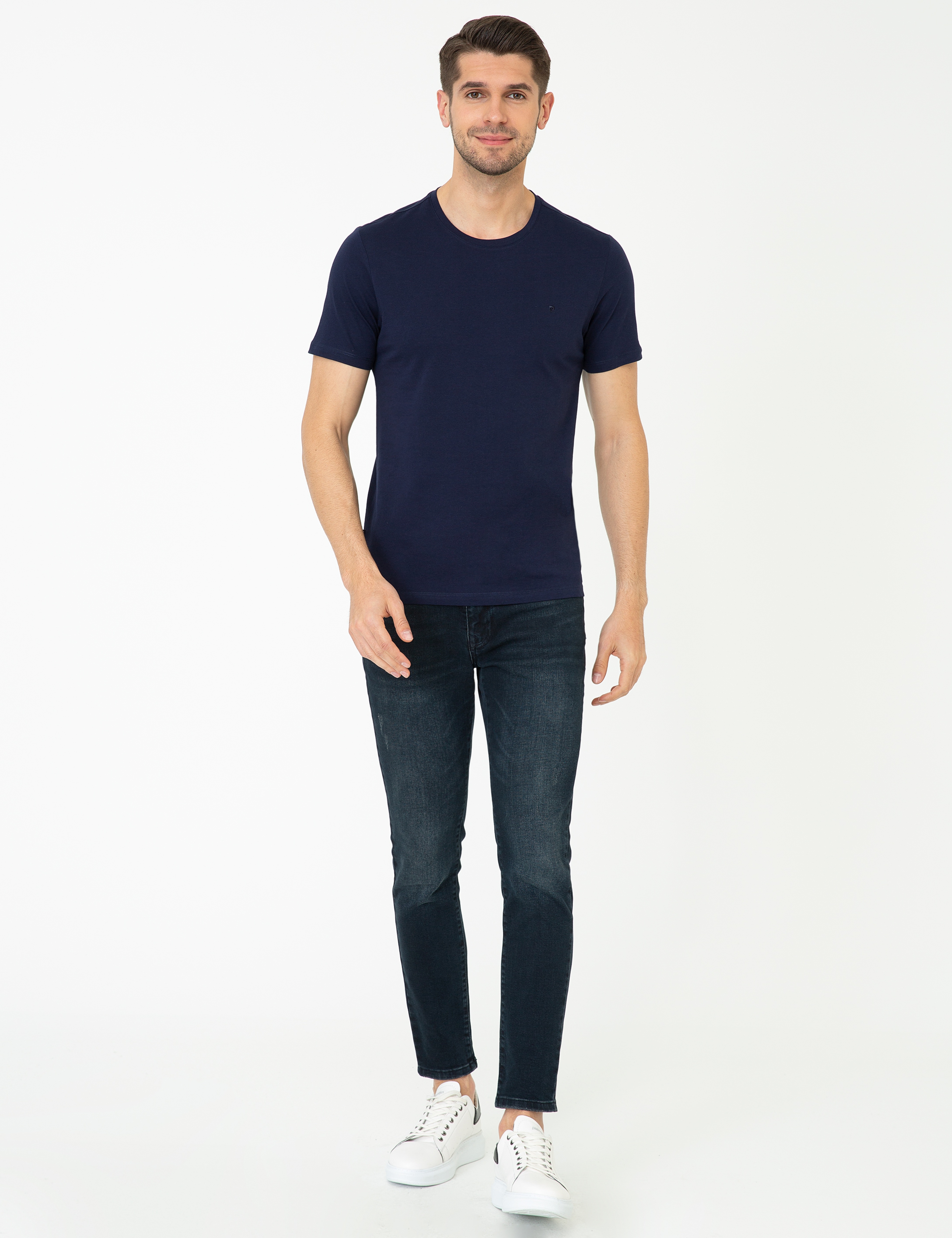 Lacivert Slim Fit %100 Pamuk Bisiklet Yaka Basic Tişört - Image 4