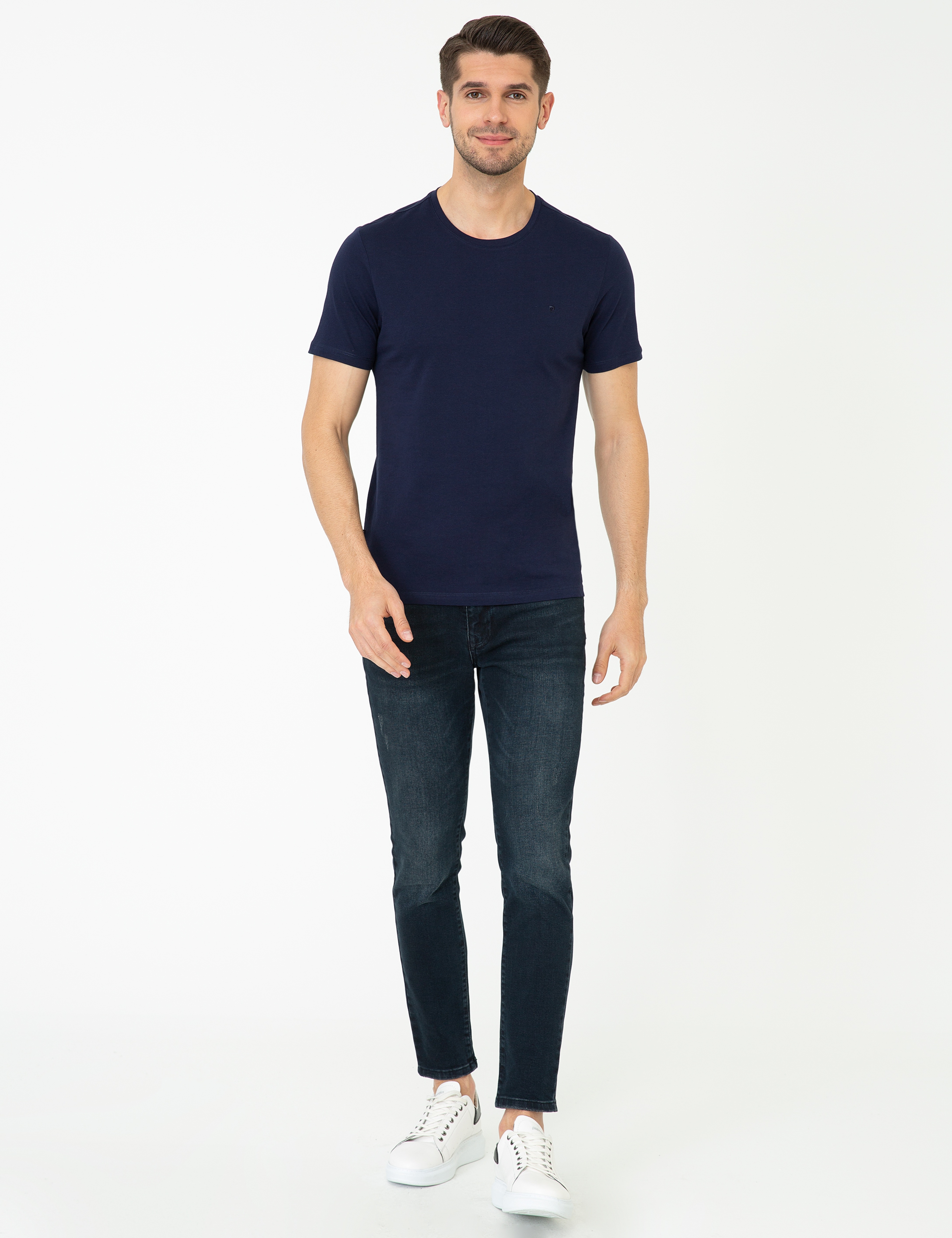 Lacivert Slim Fit %100 Pamuk Bisiklet Yaka Basic Tişört