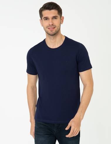Lacivert Slim Fit %100 Pamuk Bisiklet Yaka Basic Tişört