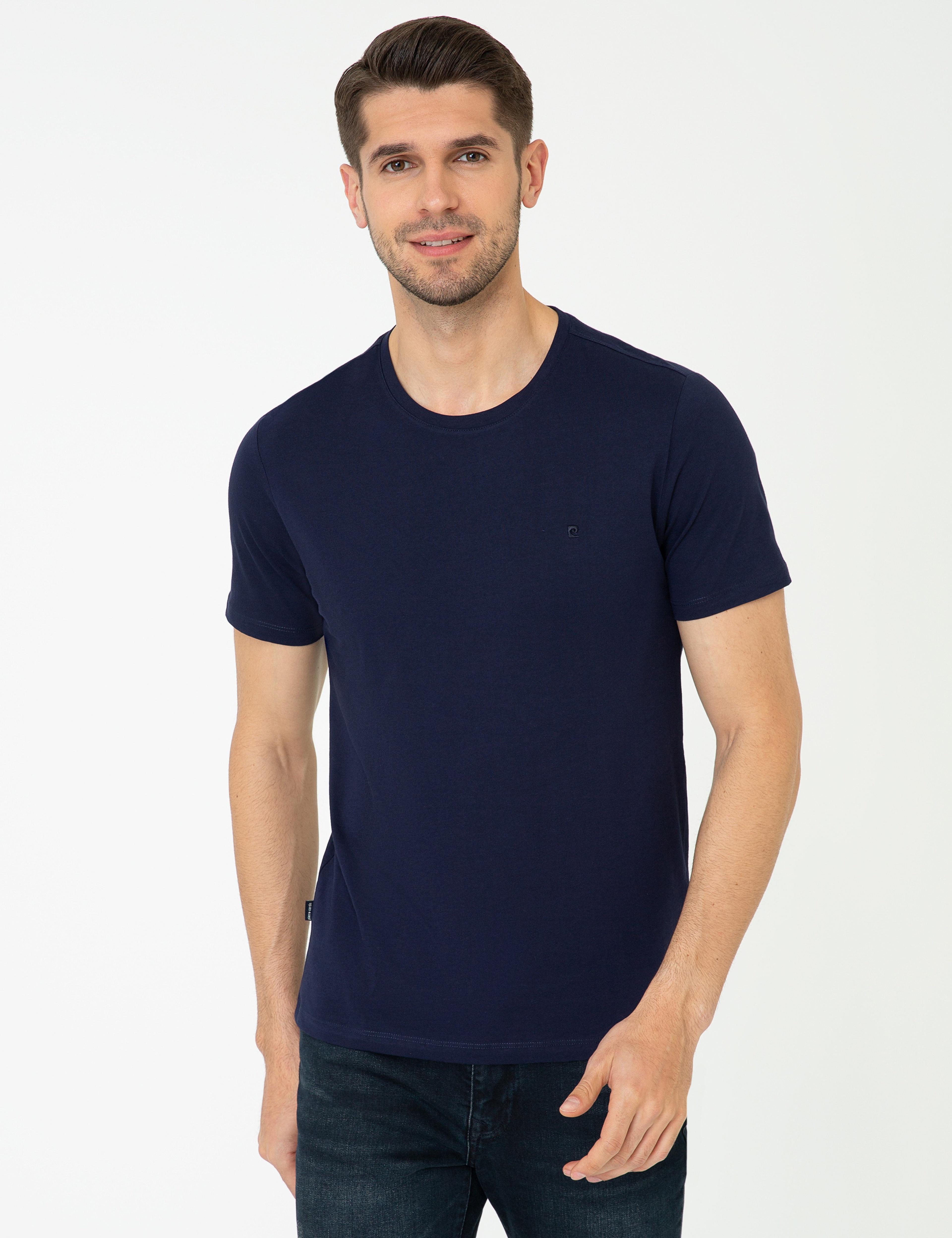 Lacivert Slim Fit %100 Pamuk Bisiklet Yaka Basic Tişört - Image 1