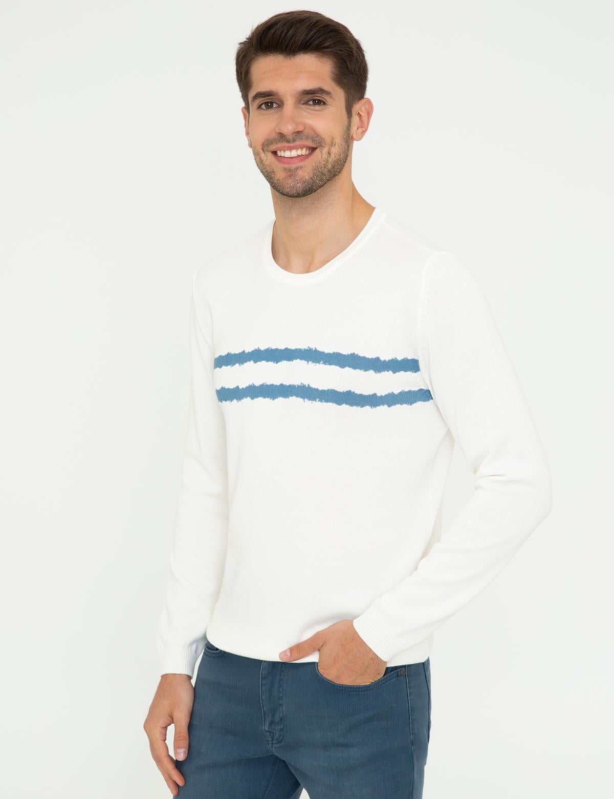 Ekru Slim Fit Bisiklet Yaka Triko Kazak - 50241469001