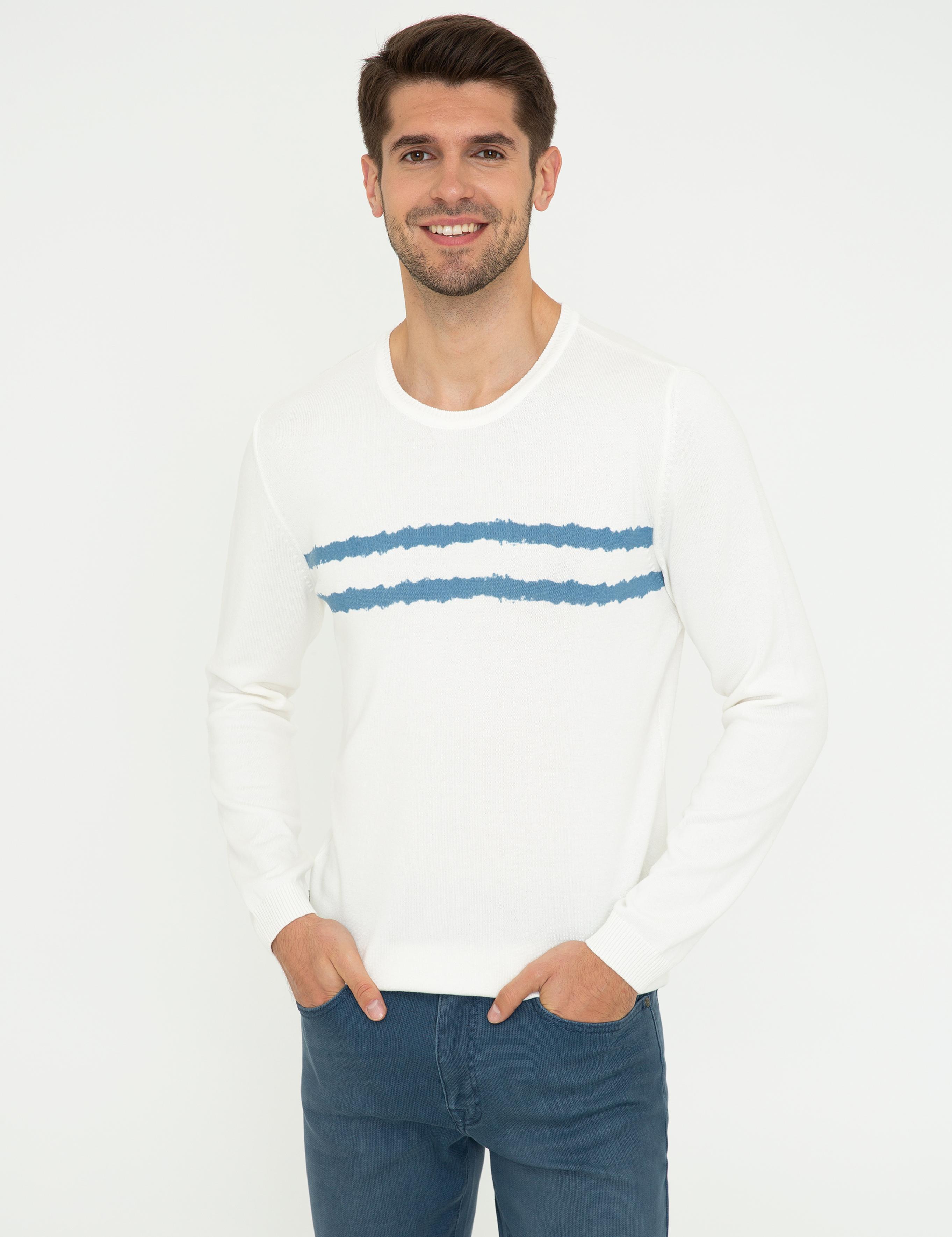 Ekru Slim Fit Bisiklet Yaka Triko Kazak