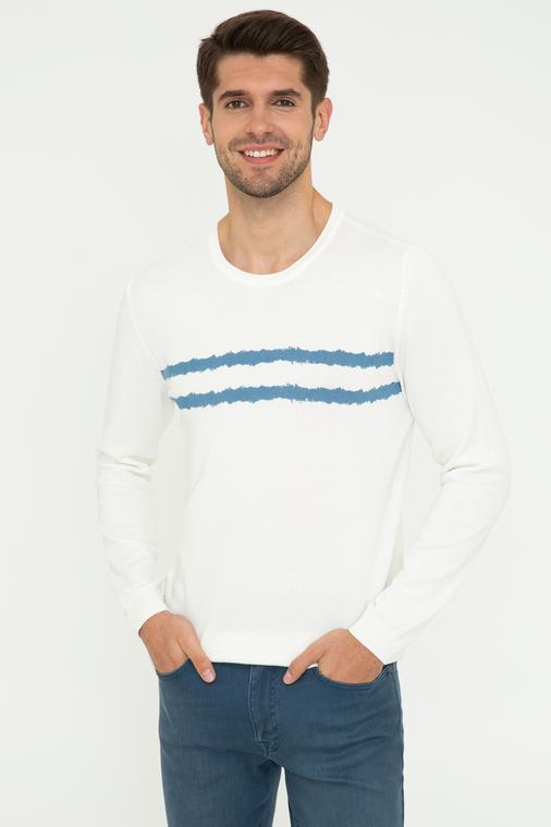 Ekru Slim Fit Bisiklet Yaka Triko Kazak