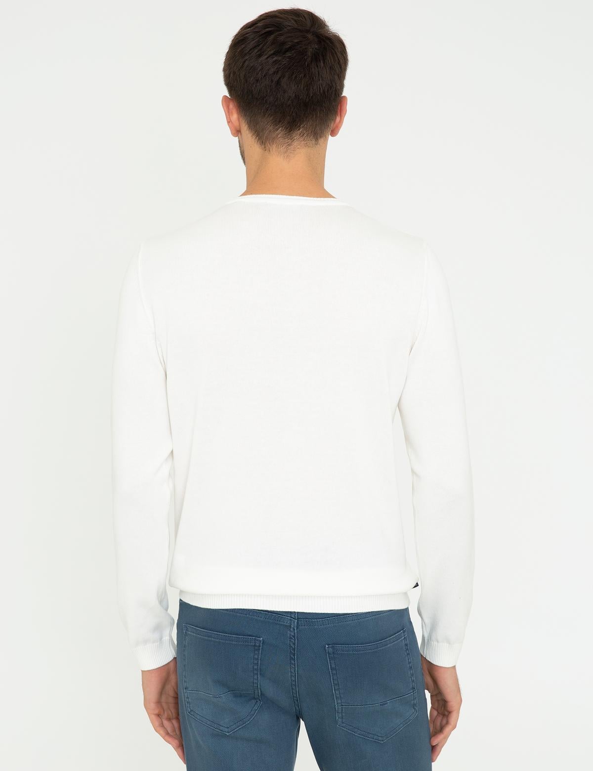 Ekru Slim Fit Bisiklet Yaka Triko Kazak - 50241469001