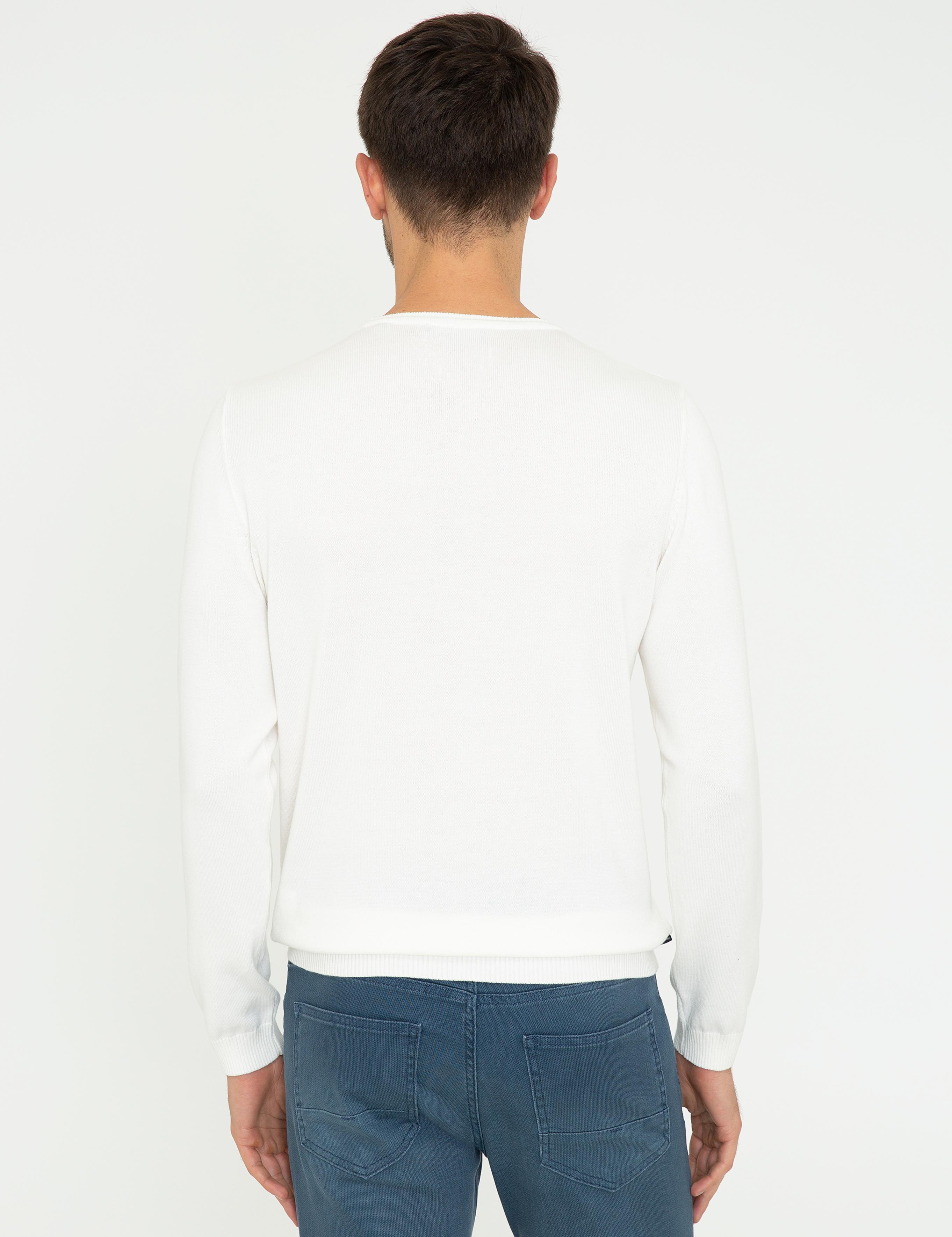 Ekru Slim Fit Bisiklet Yaka Triko Kazak