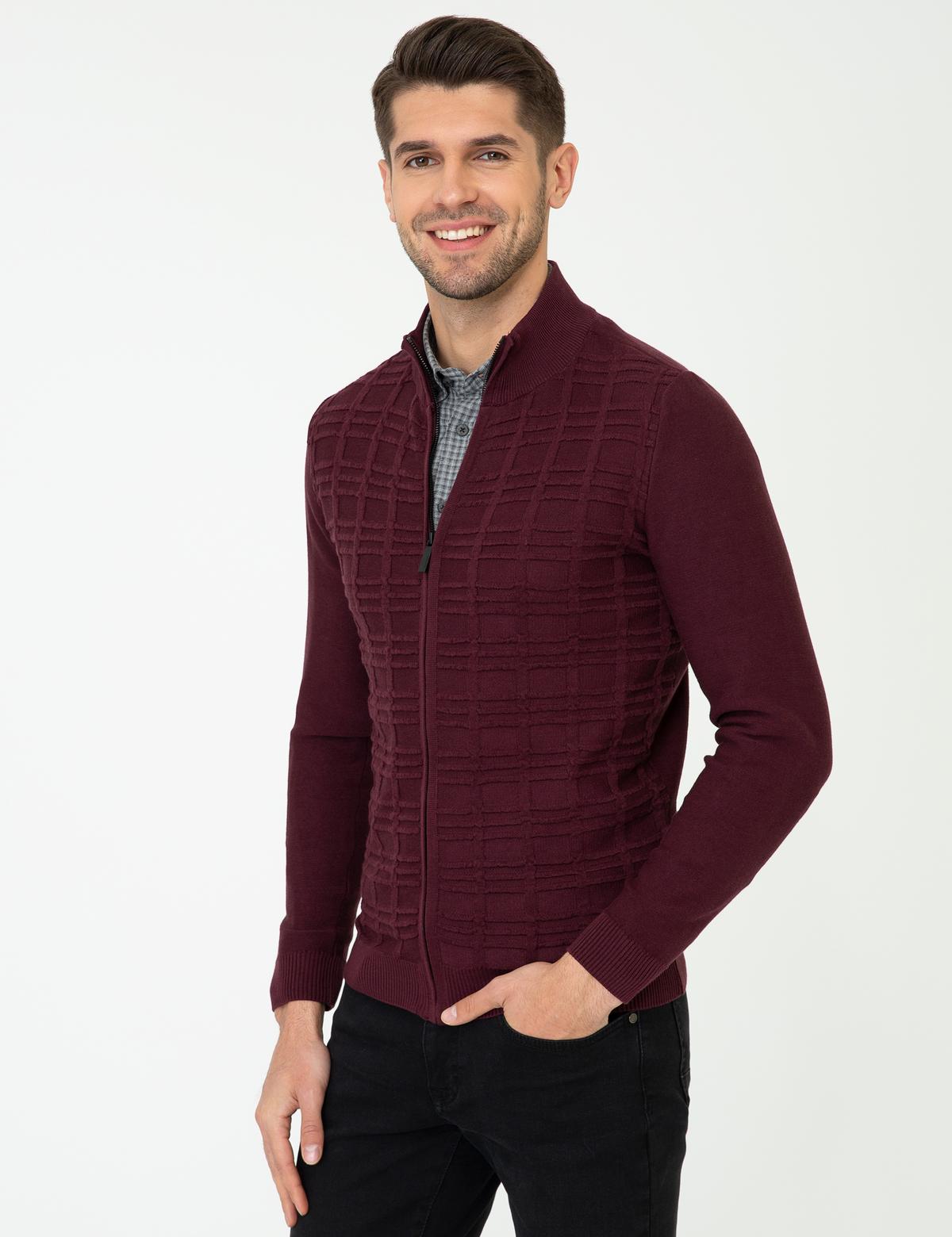 Bordo Slim Fit Fermuarlı Triko Hırka - 50248510026