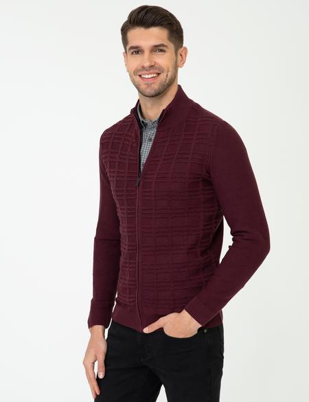 Bordo Slim Fit Fermuarlı Triko Hırka - 50248510026