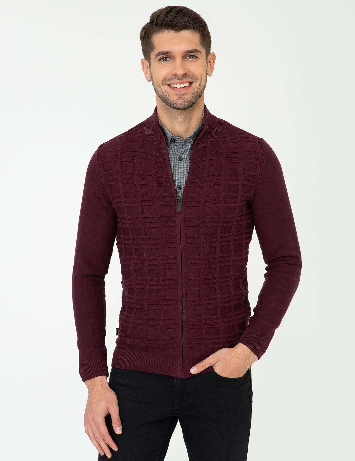 Bordo Slim Fit Fermuarlı Triko Hırka