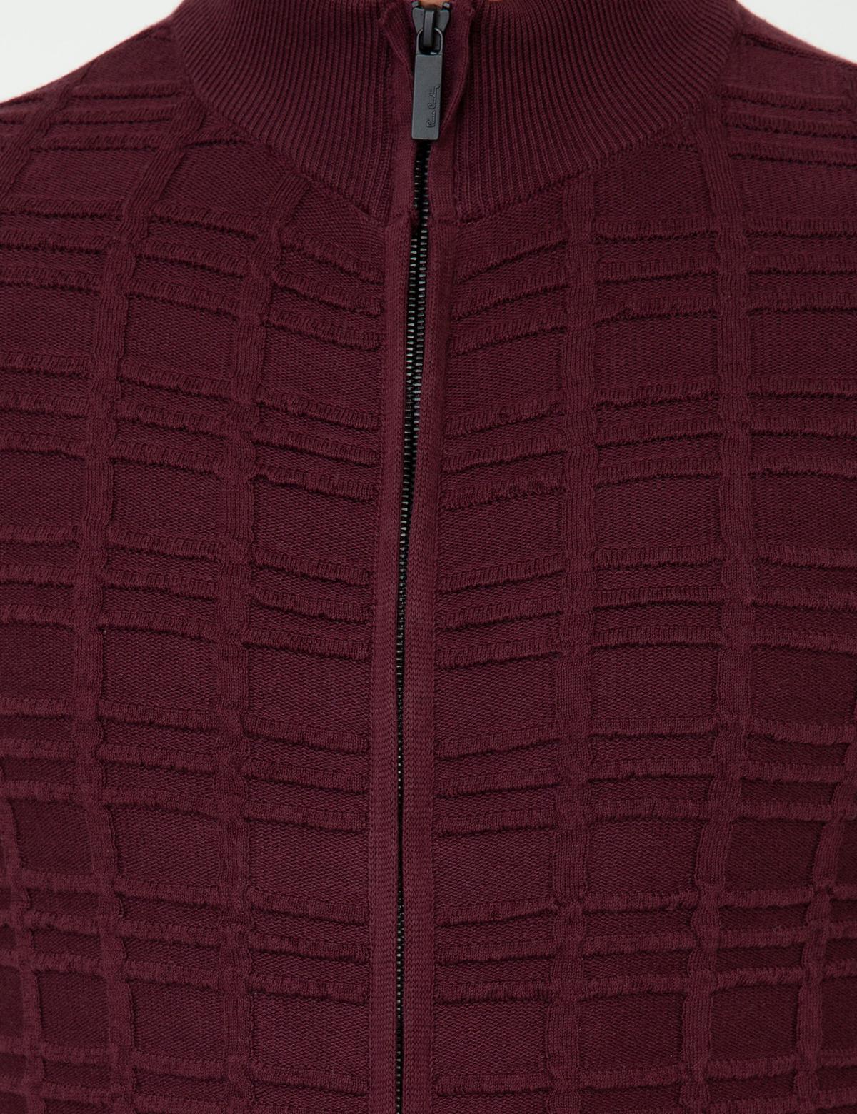 Bordo Slim Fit Fermuarlı Triko Hırka - 50248510026