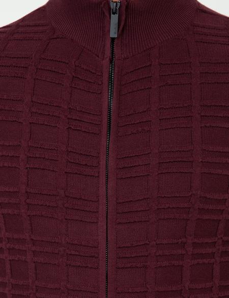 Bordo Slim Fit Fermuarlı Triko Hırka - 50248510026