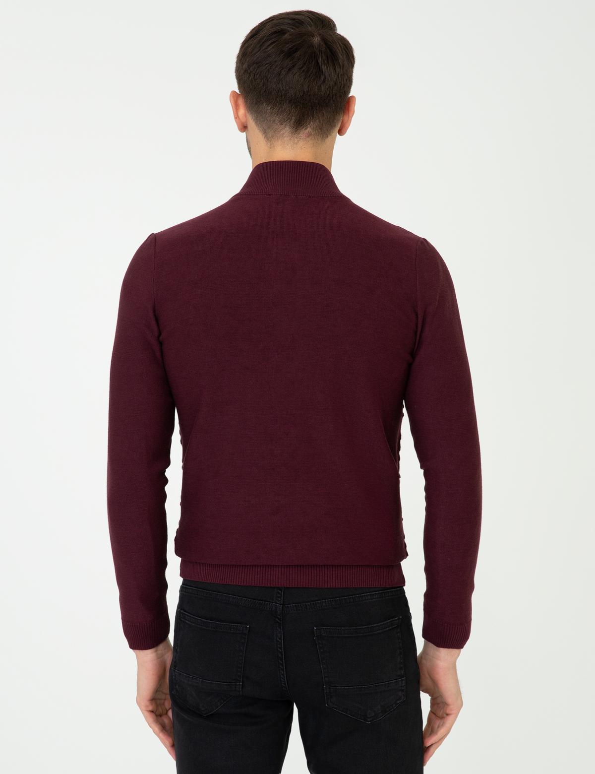 Bordo Slim Fit Fermuarlı Triko Hırka - 50248510026