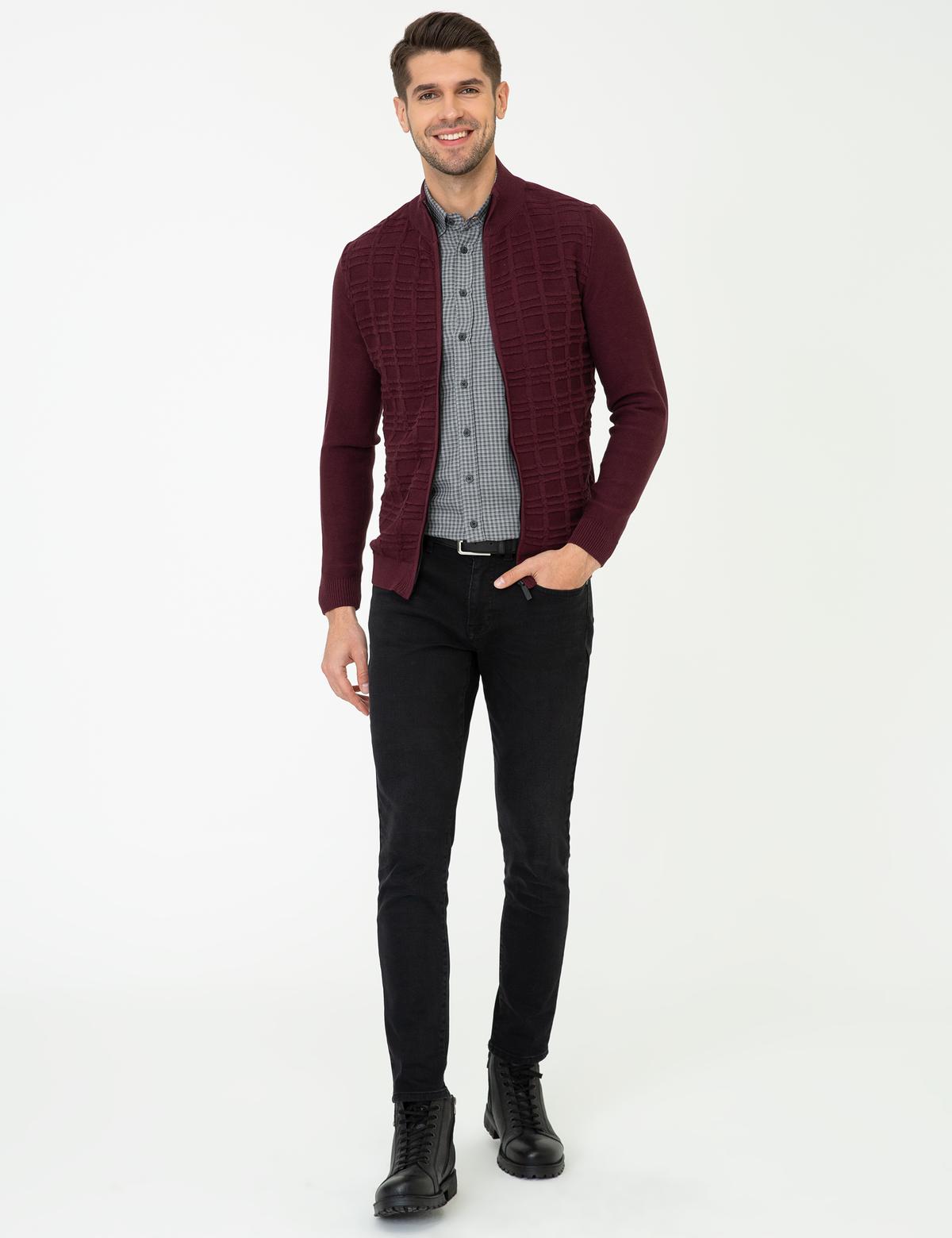 Bordo Slim Fit Fermuarlı Triko Hırka - 50248510026