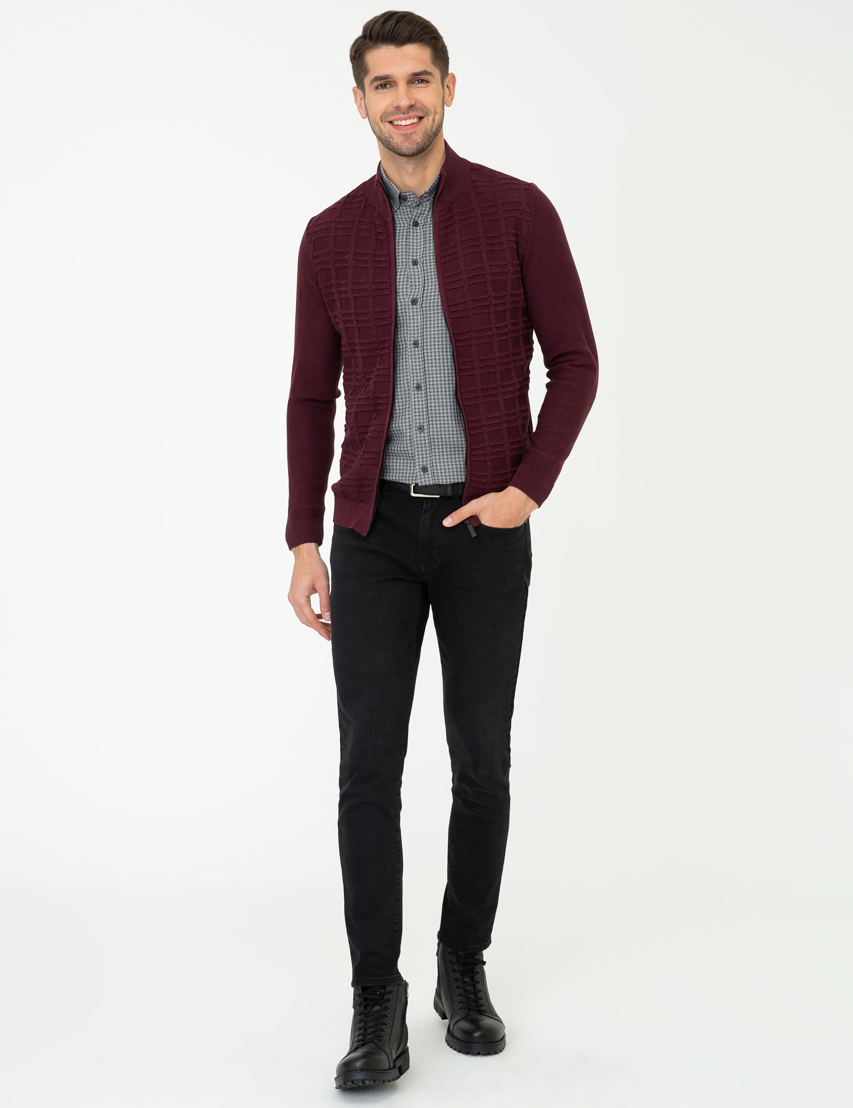 Bordo Slim Fit Fermuarlı Triko Hırka