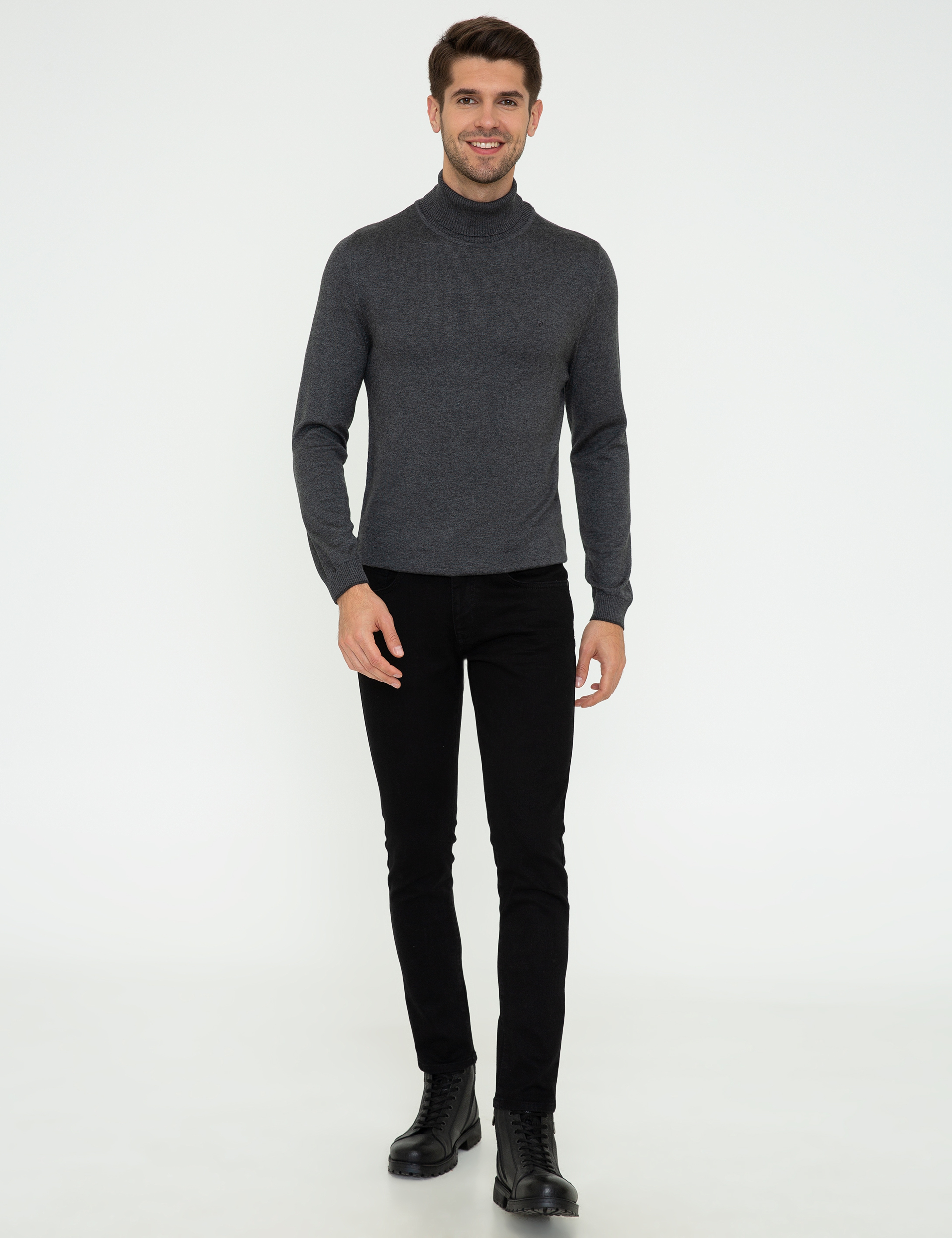 Gri Melanj Slim Fit Balıkçı Yaka Basic Triko Kazak - Image 5
