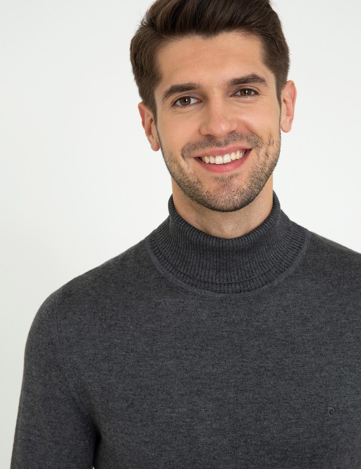 Gri Melanj Slim Fit Balıkçı Yaka Basic Triko Kazak - 50248583067