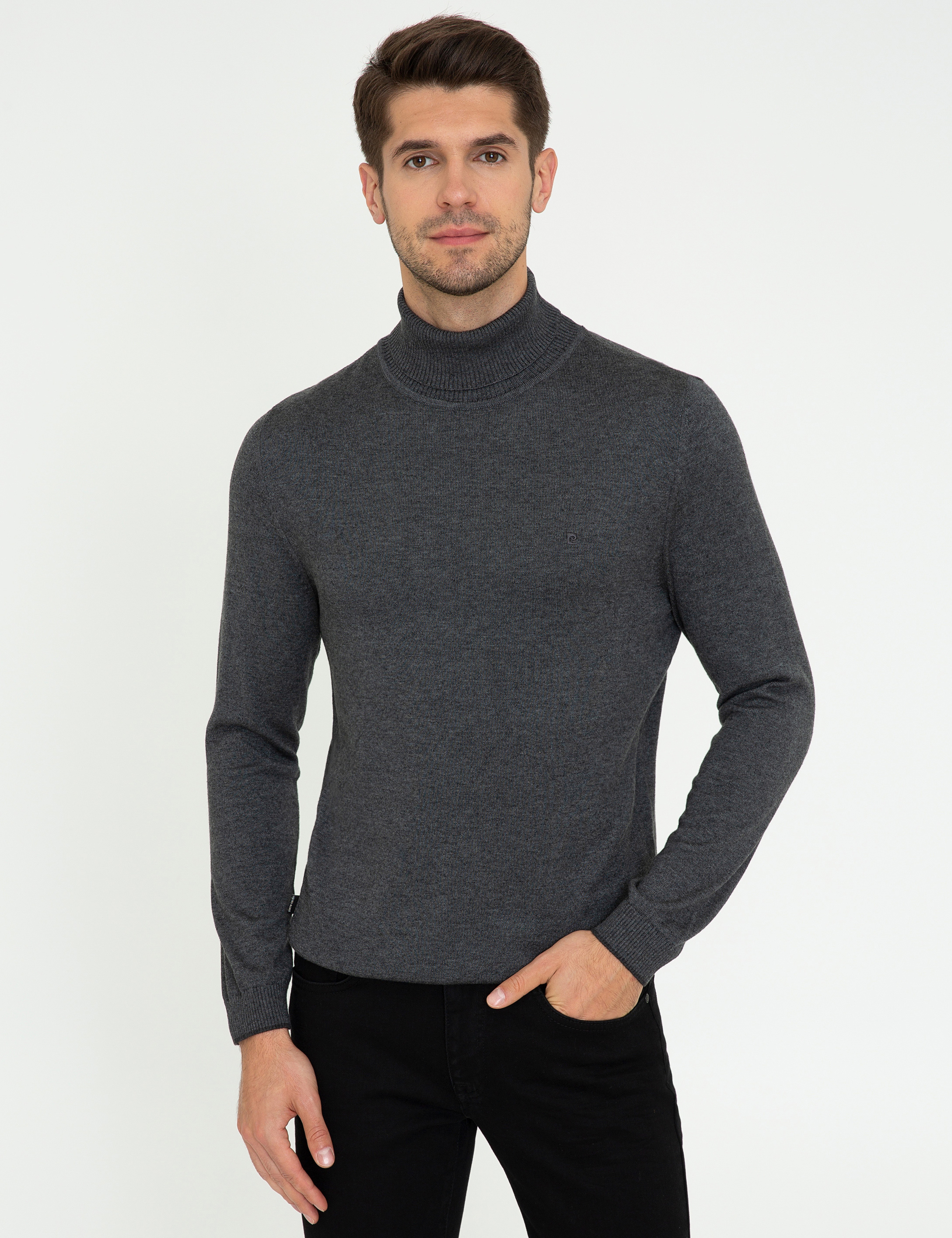 Gri Melanj Slim Fit Balıkçı Yaka Basic Triko Kazak - Image 1