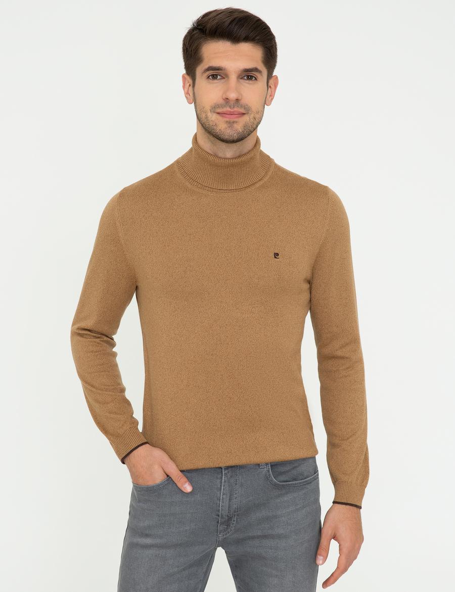 Camel Melanj Slim Fit Balıkçı Yaka Basic Triko Kazak