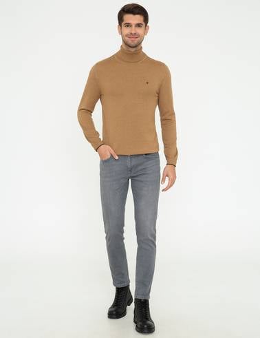 Camel Melanj Slim Fit Balıkçı Yaka Basic Triko Kazak