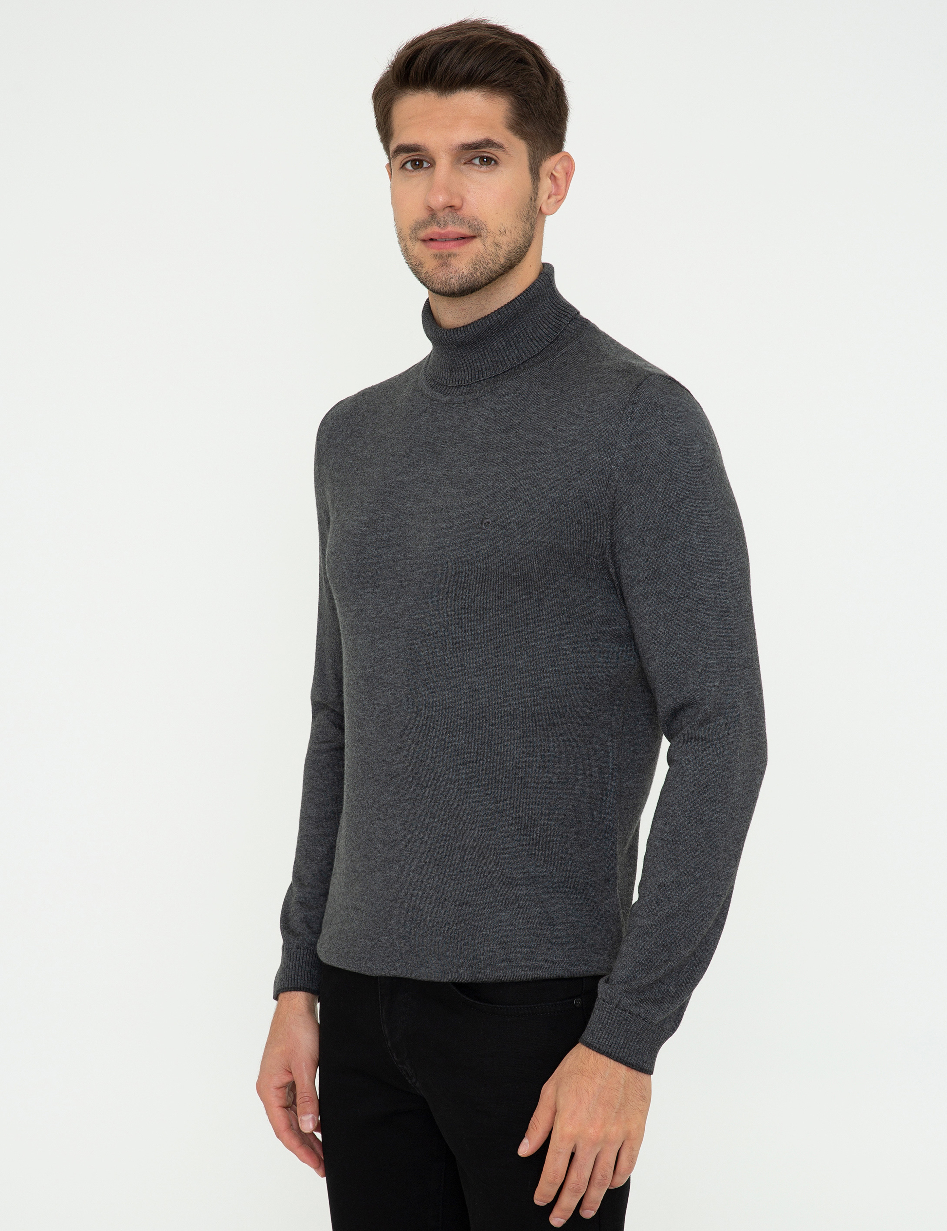 Gri Melanj Slim Fit Balıkçı Yaka Basic Triko Kazak - Image 3