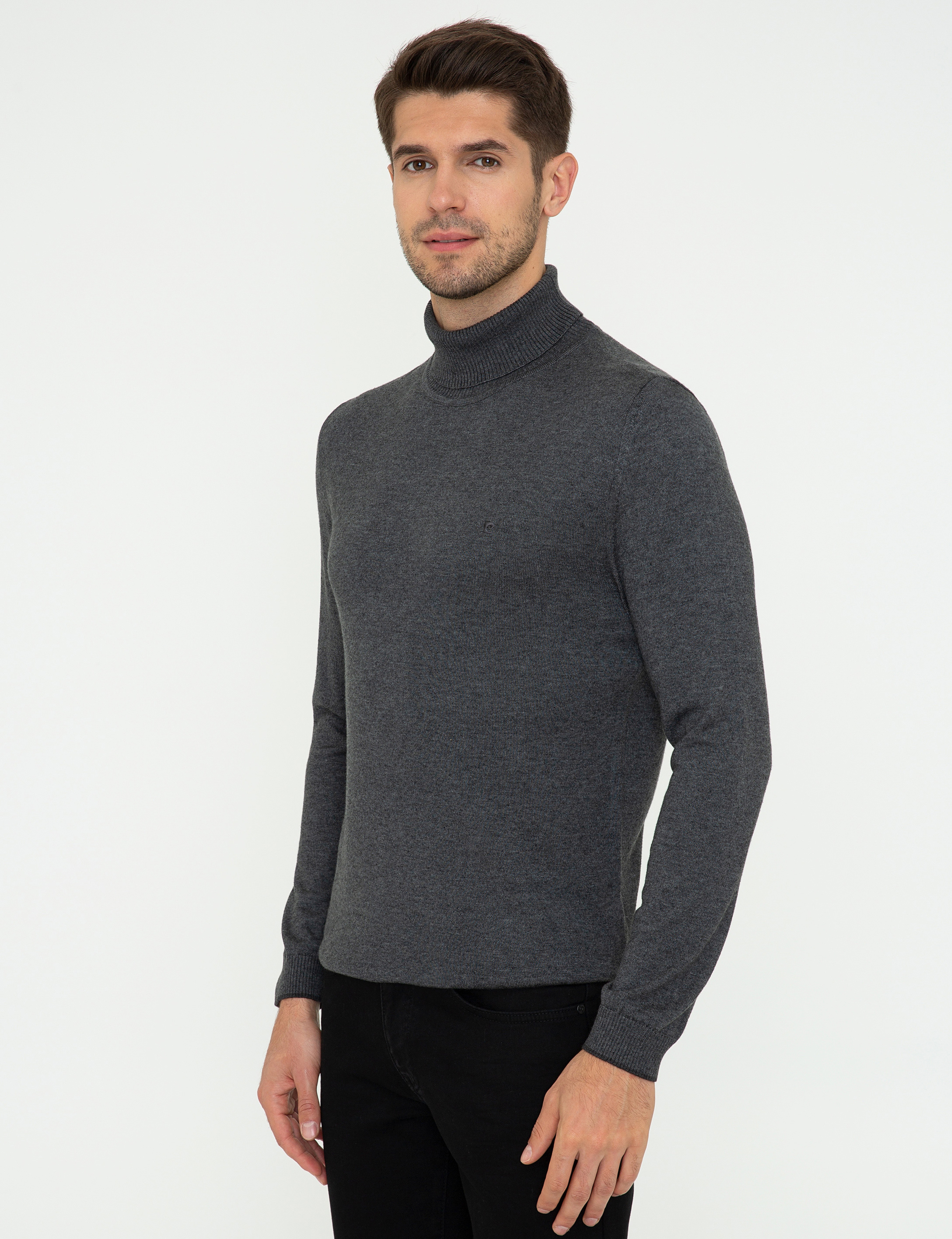 Gri Melanj Slim Fit Balıkçı Yaka Basic Triko Kazak