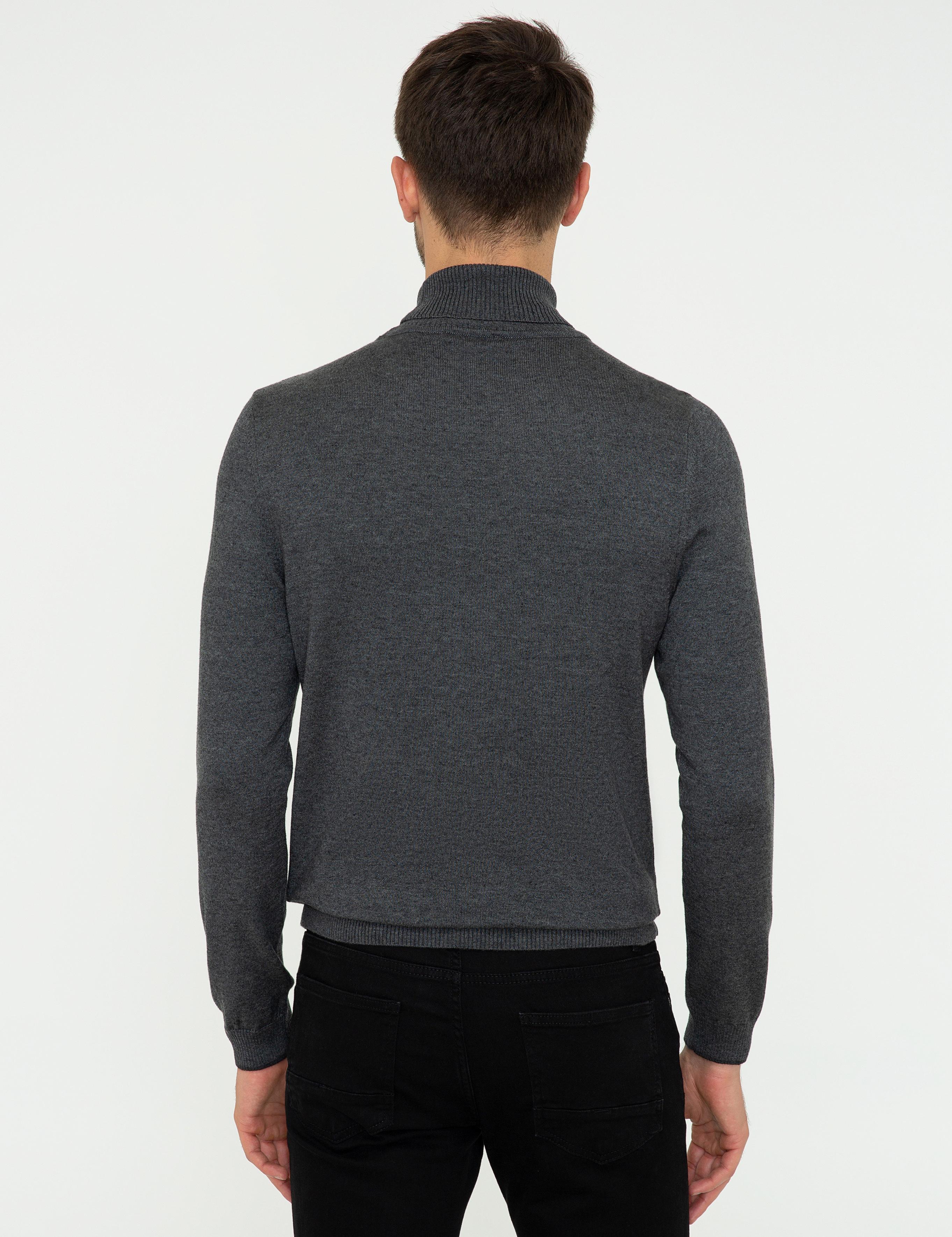 Gri Melanj Slim Fit Balıkçı Yaka Basic Triko Kazak