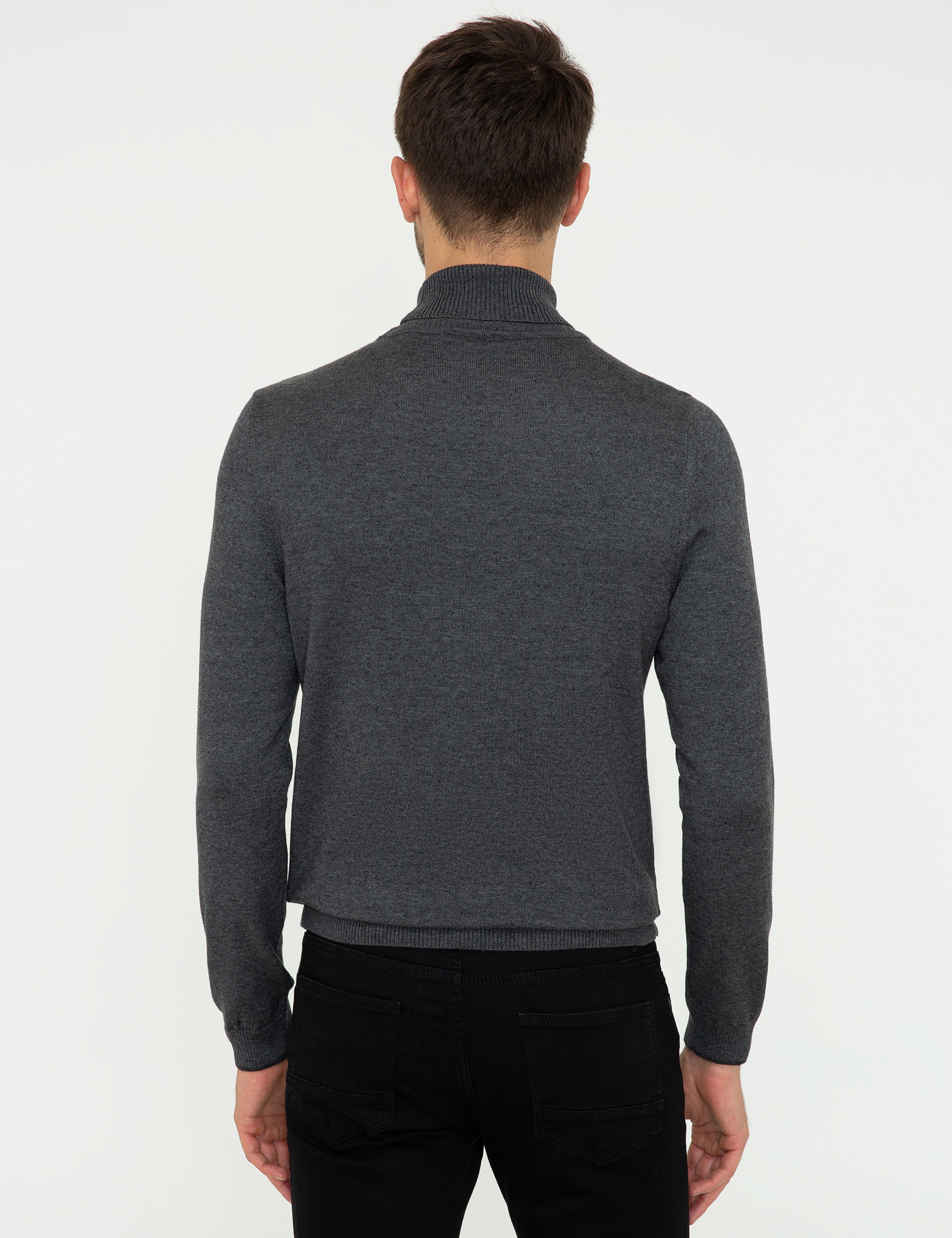 Gri Melanj Slim Fit Balıkçı Yaka Basic Triko Kazak - Image 4