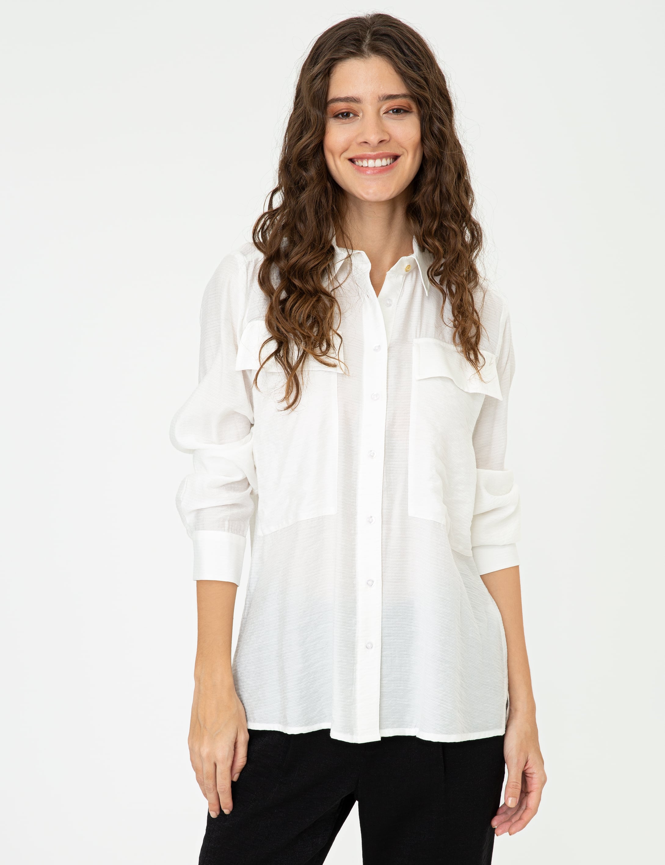 Ekru Comfort Fit Uzun Kollu Gömlek - Image 1