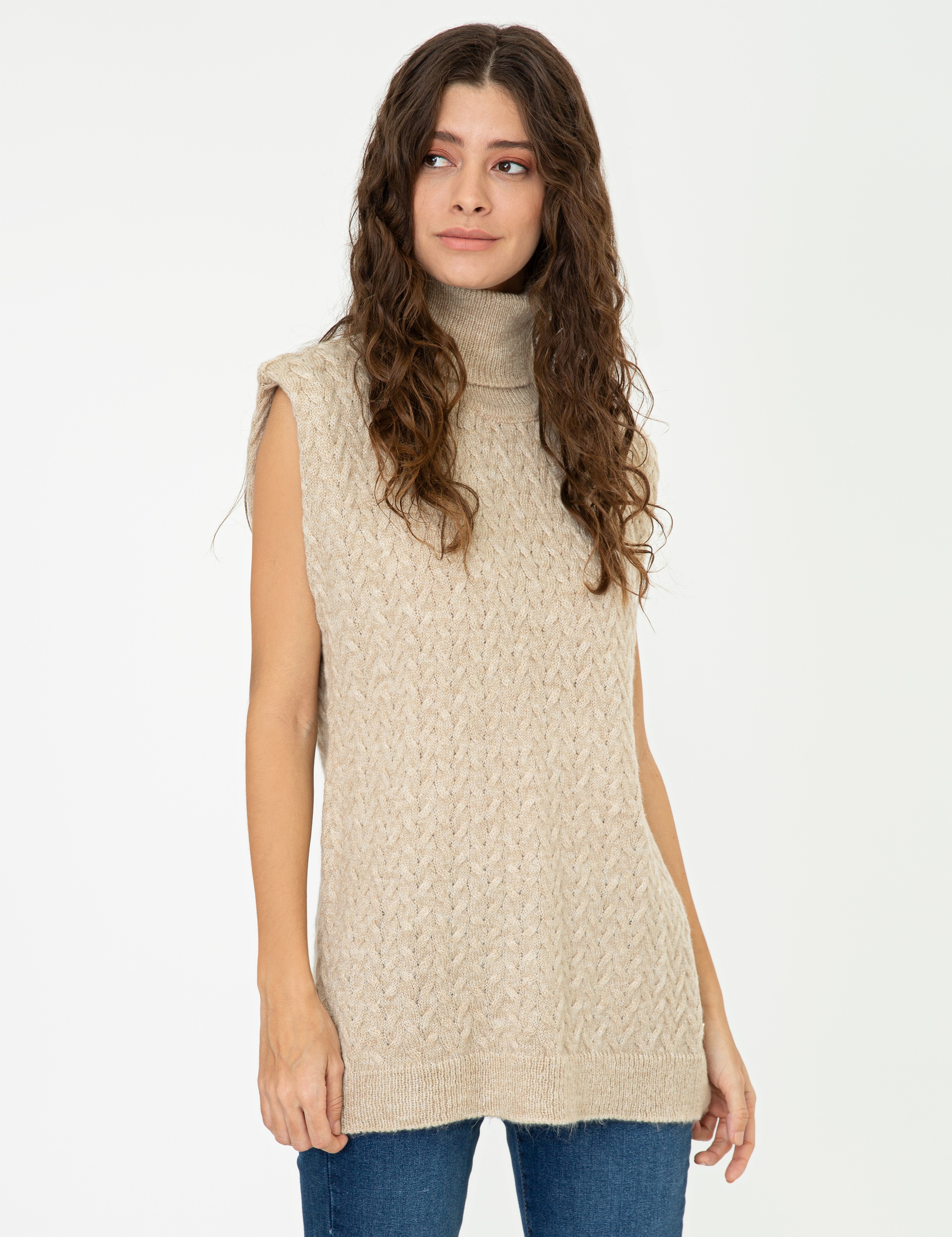Balıkçı Yaka Bej Oversize Kazak - Image 4