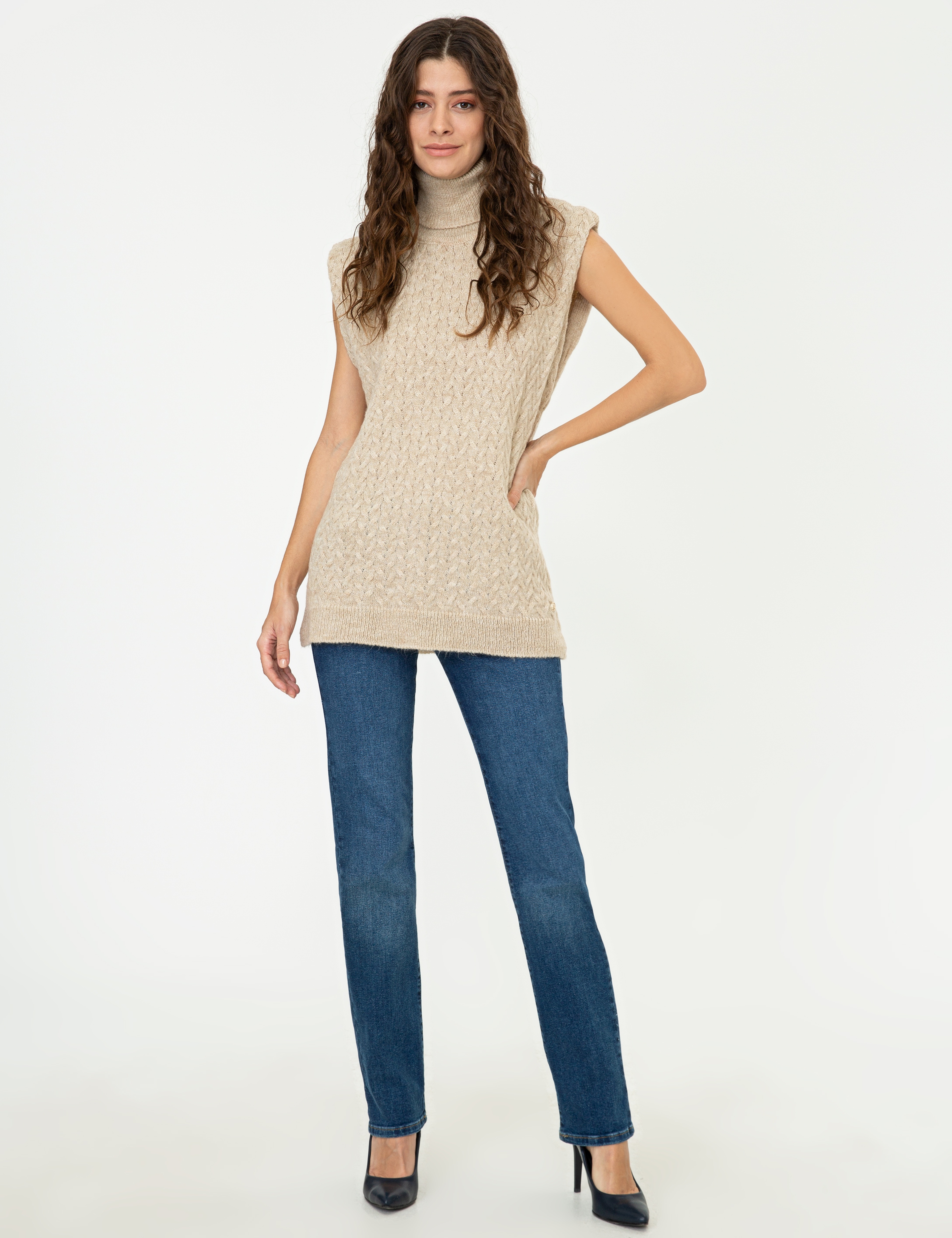 Balıkçı Yaka Bej Oversize Kazak - Image 6