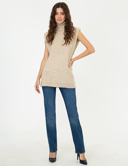 Balıkçı Yaka Bej Oversize Kazak - 50248474007