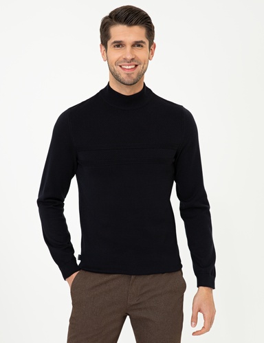 Lacivert Slim Fit Yarım Balıkçı Yaka Triko Kazak