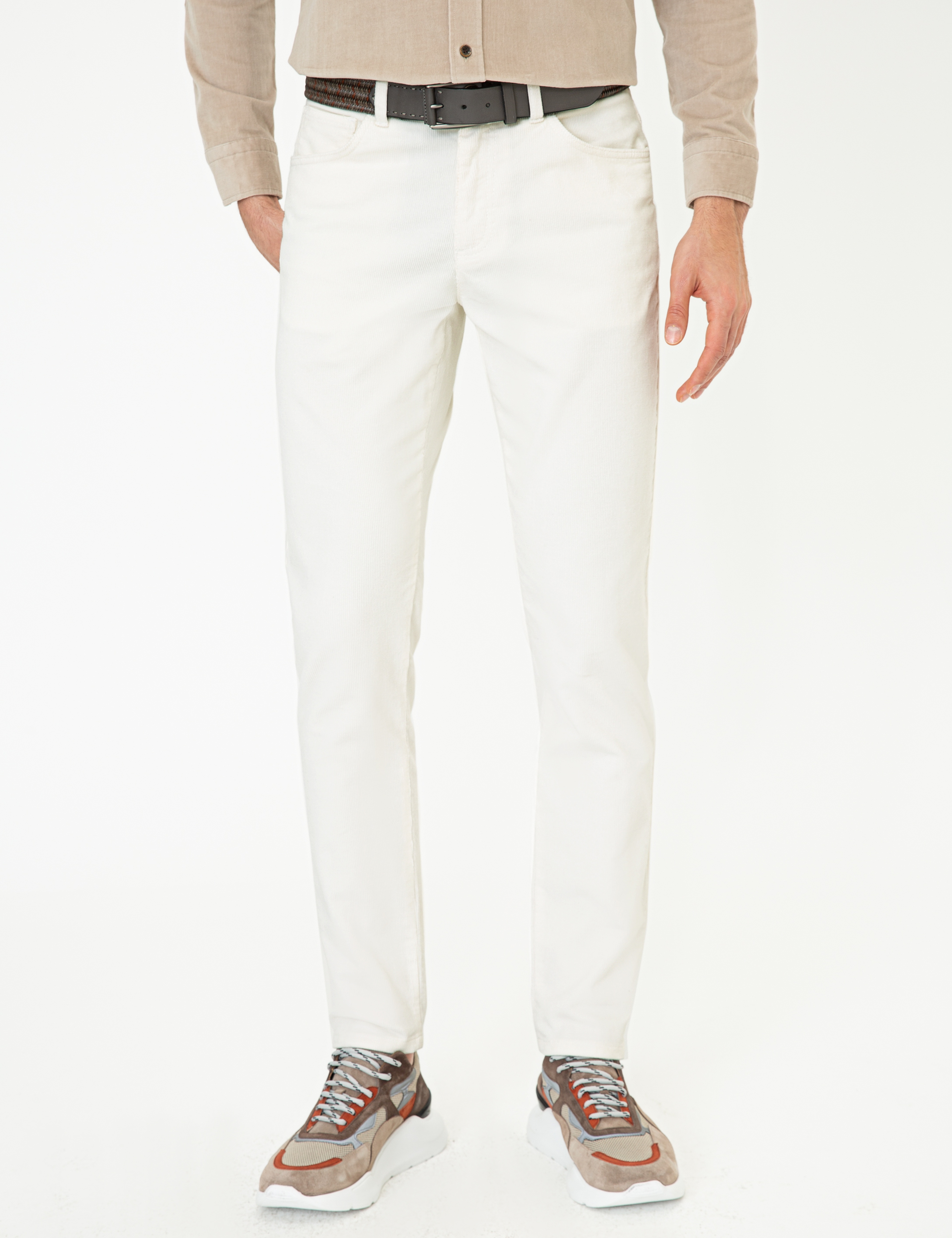 Ekru Slim Fit Kadife Kanvas Pantolon