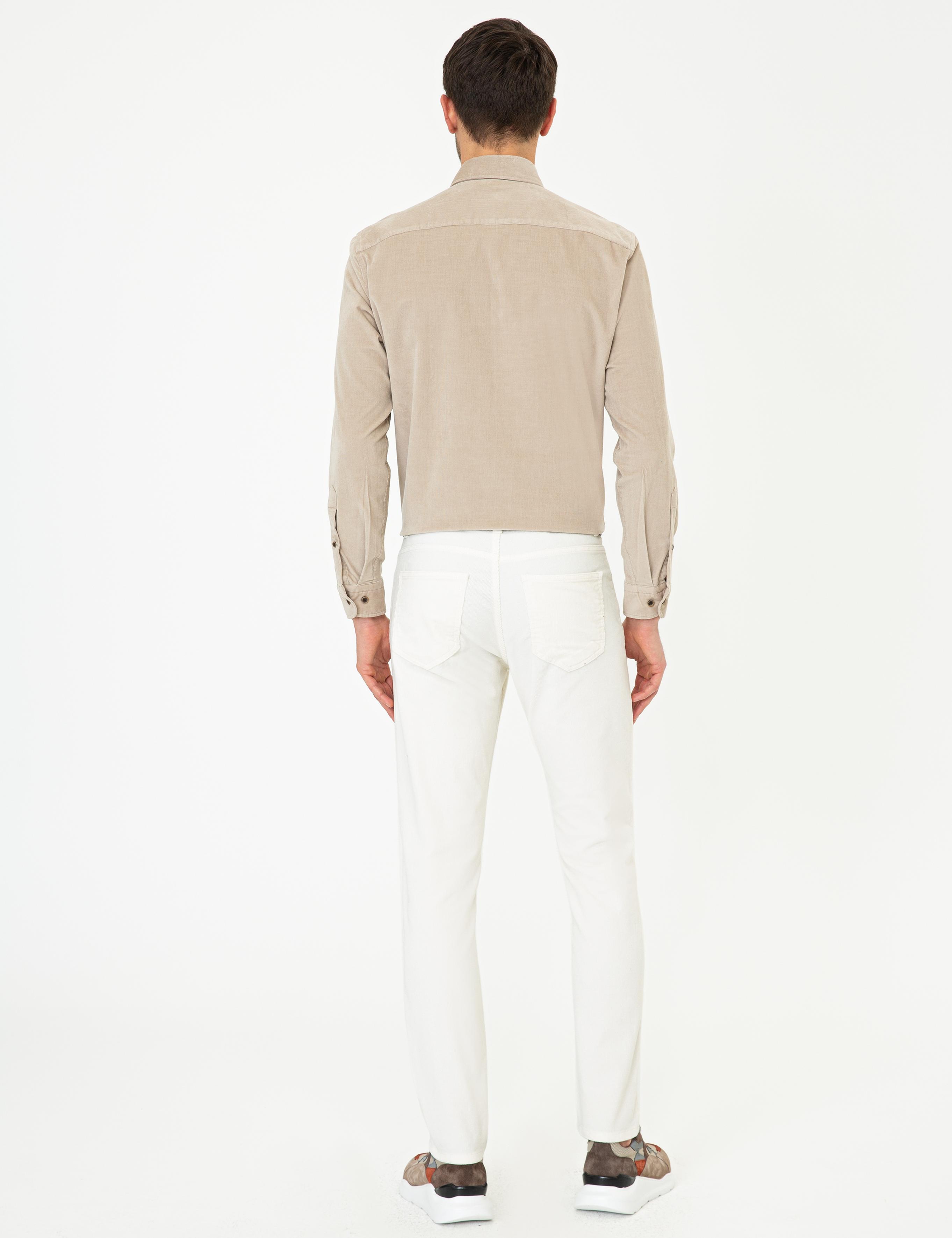 Ekru Slim Fit Kadife Kanvas Pantolon
