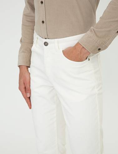 Ekru Slim Fit Kadife Kanvas Pantolon