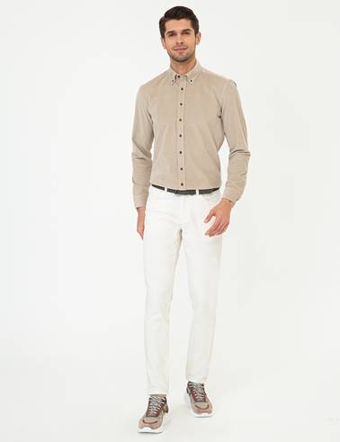 Ekru Slim Fit Kadife Kanvas Pantolon