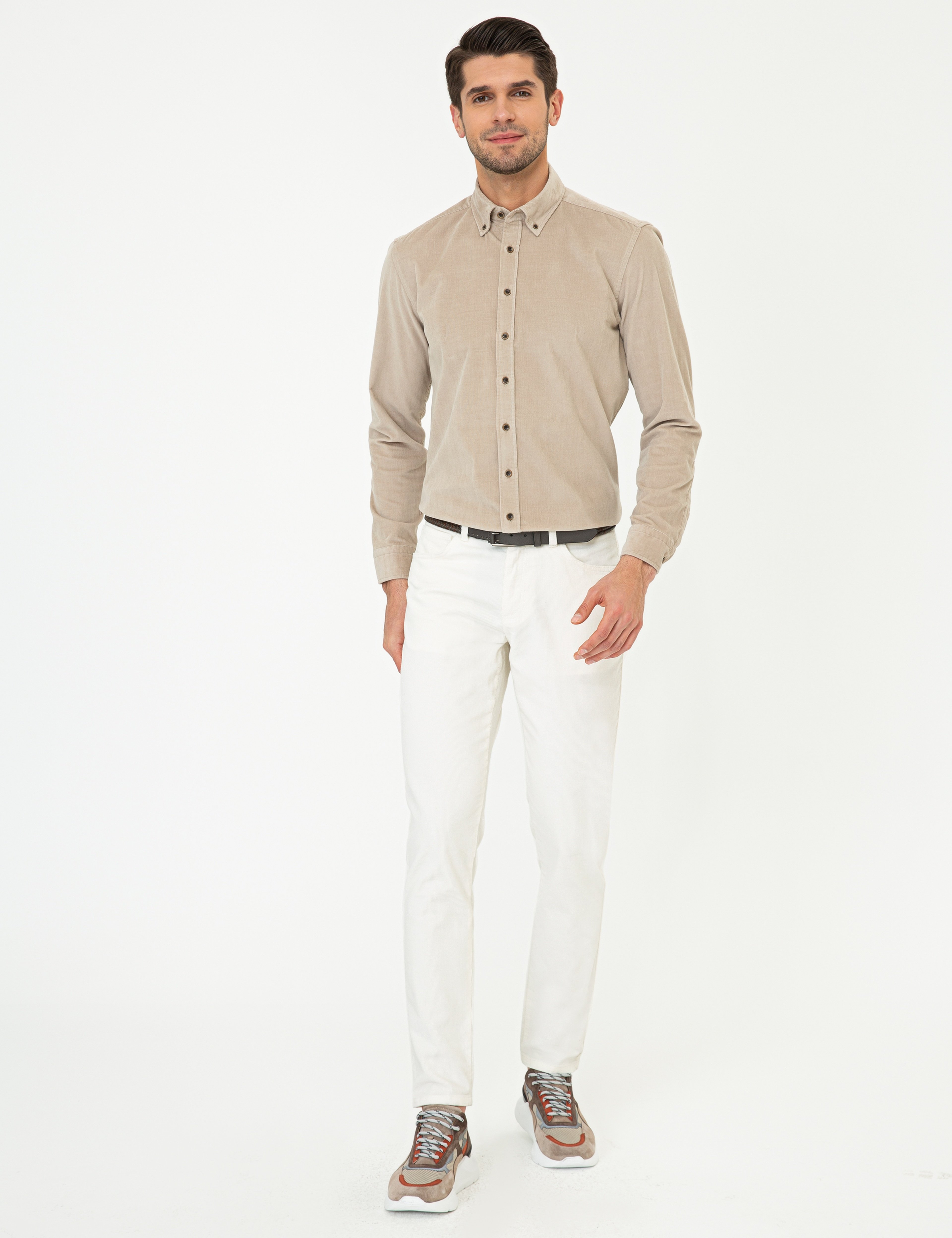 Ekru Slim Fit Kadife Kanvas Pantolon