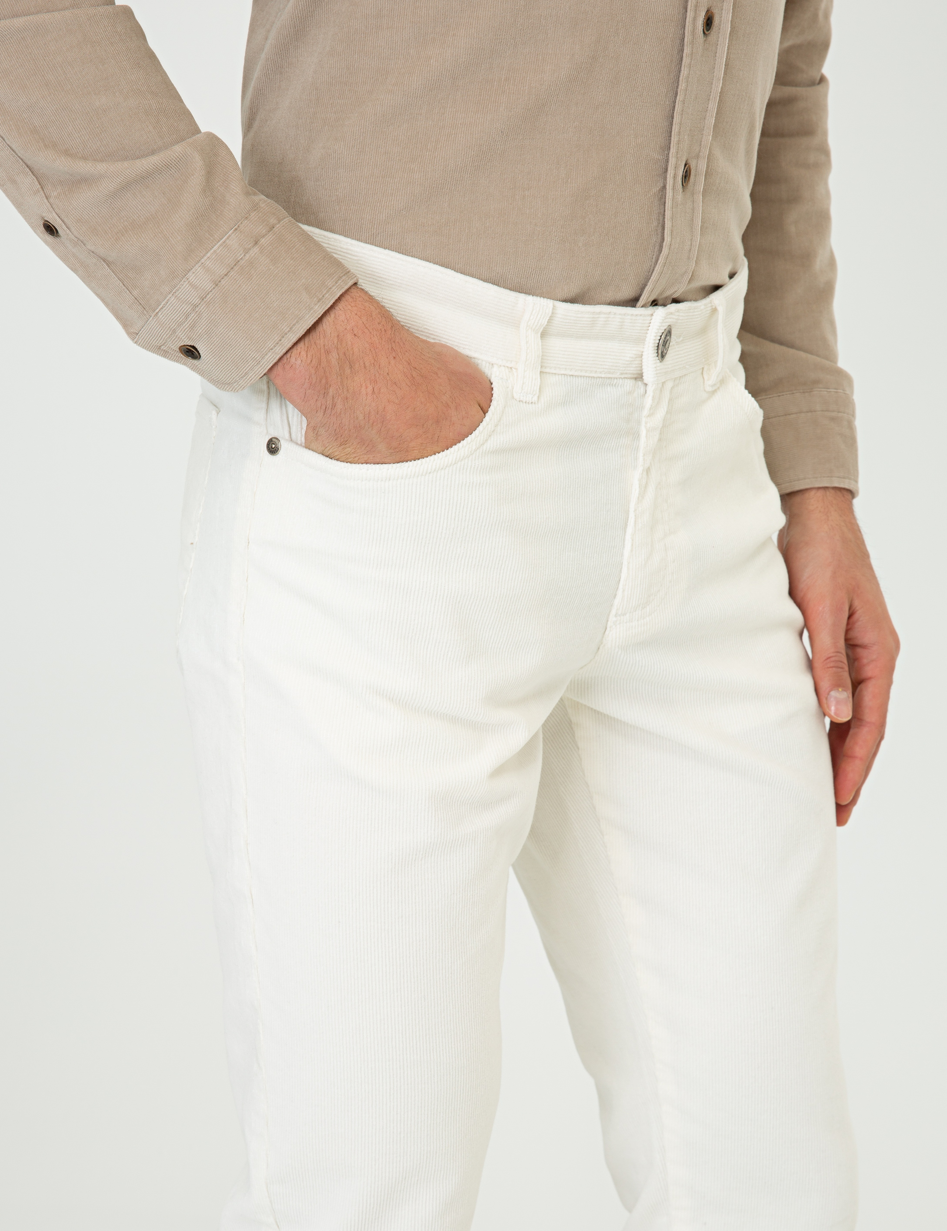 Ekru Slim Fit Kadife Kanvas Pantolon