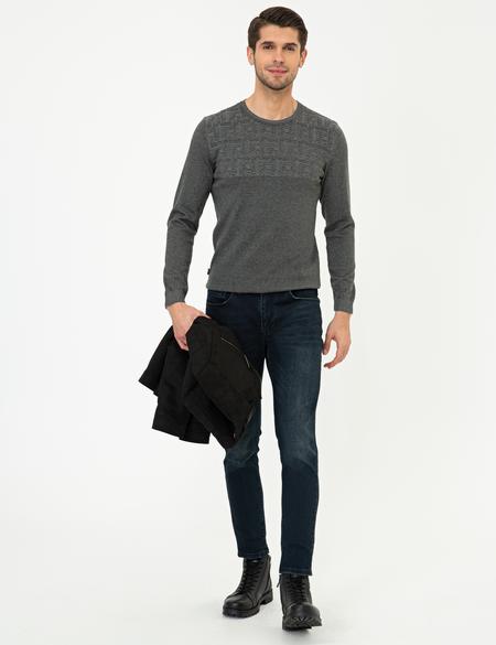 Gri Melanj Slim Fit Bisiklet Yaka Triko Kazak - 50248526016