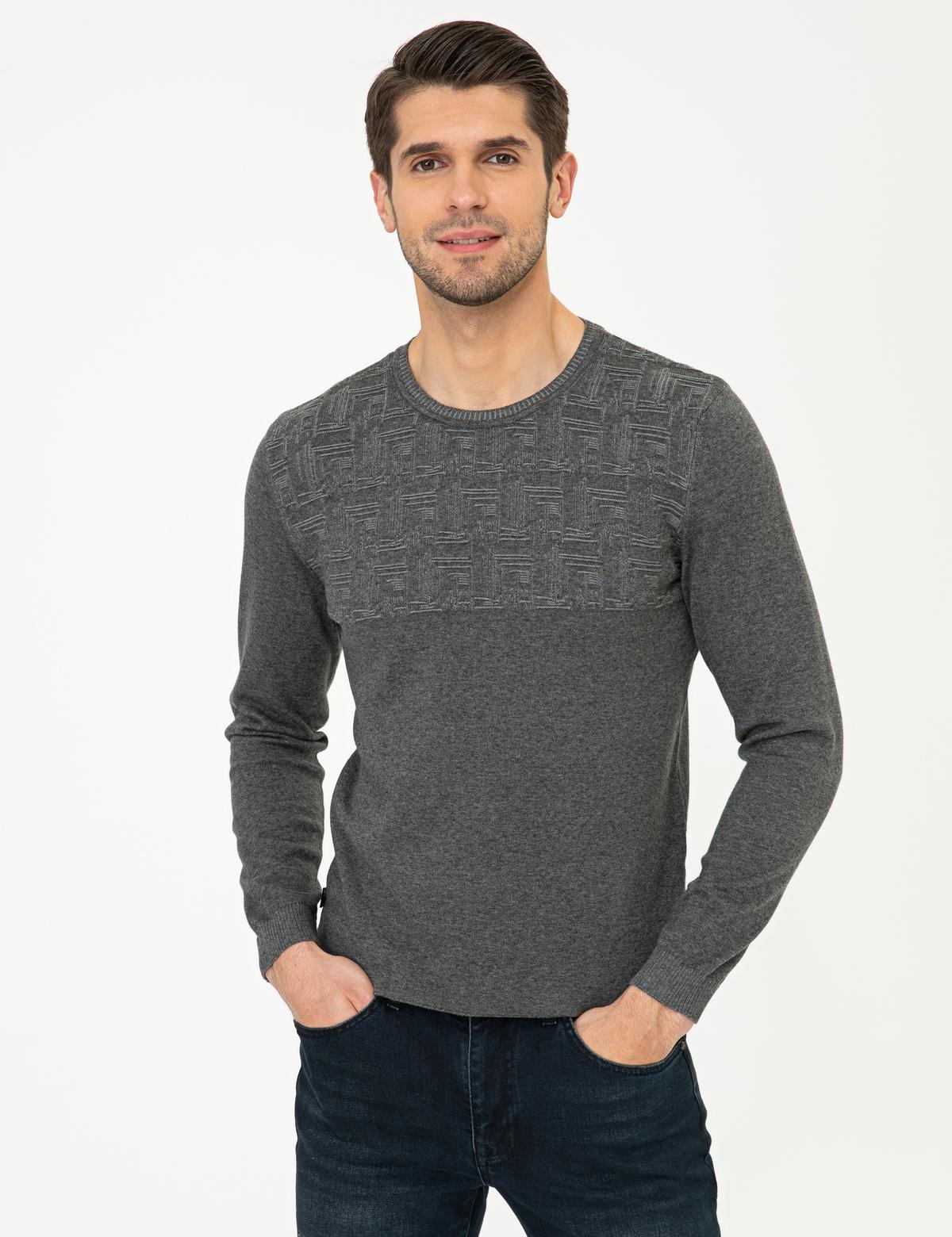 Gri Melanj Slim Fit Bisiklet Yaka Triko Kazak - 50248526016