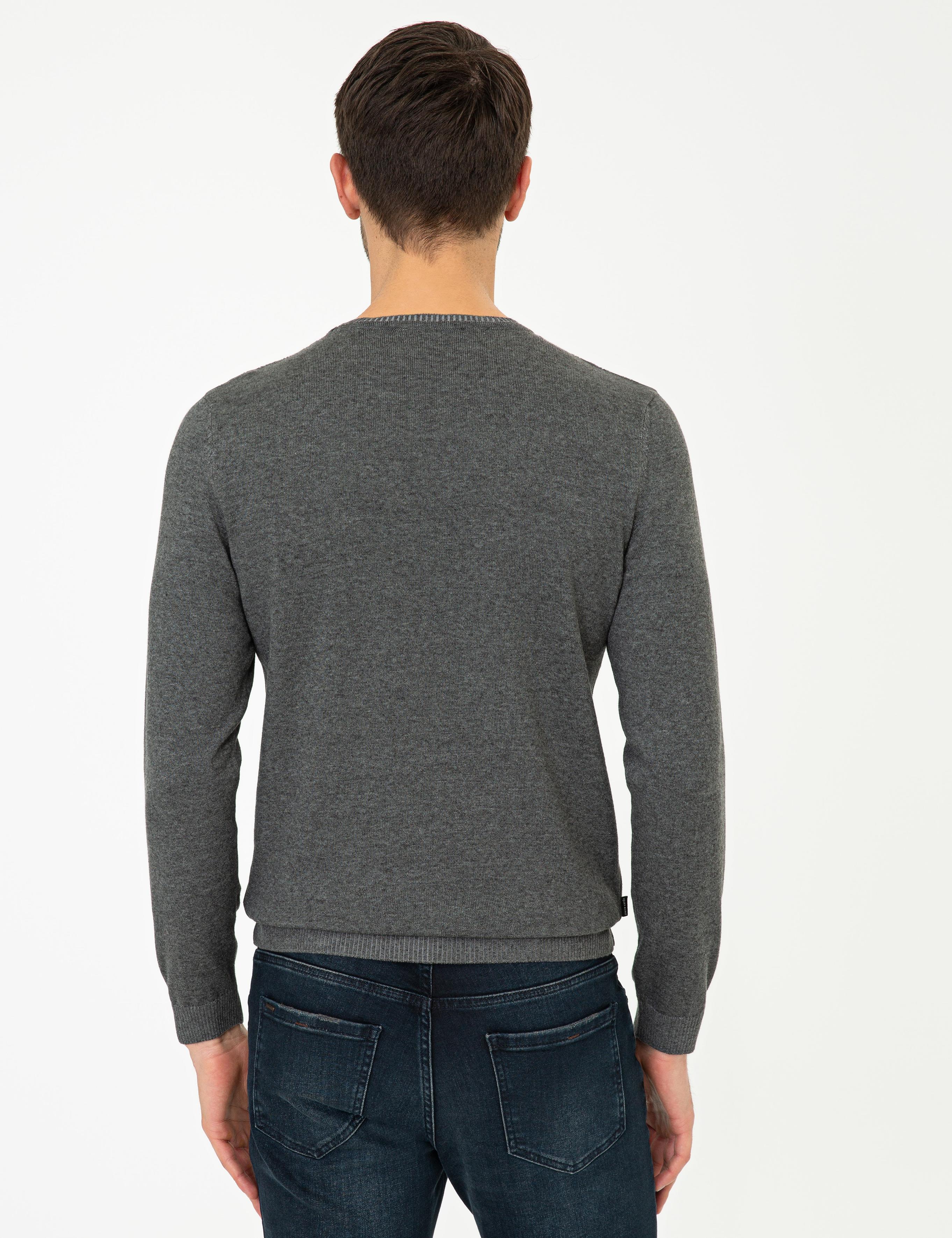 Gri Melanj Slim Fit Bisiklet Yaka Triko Kazak