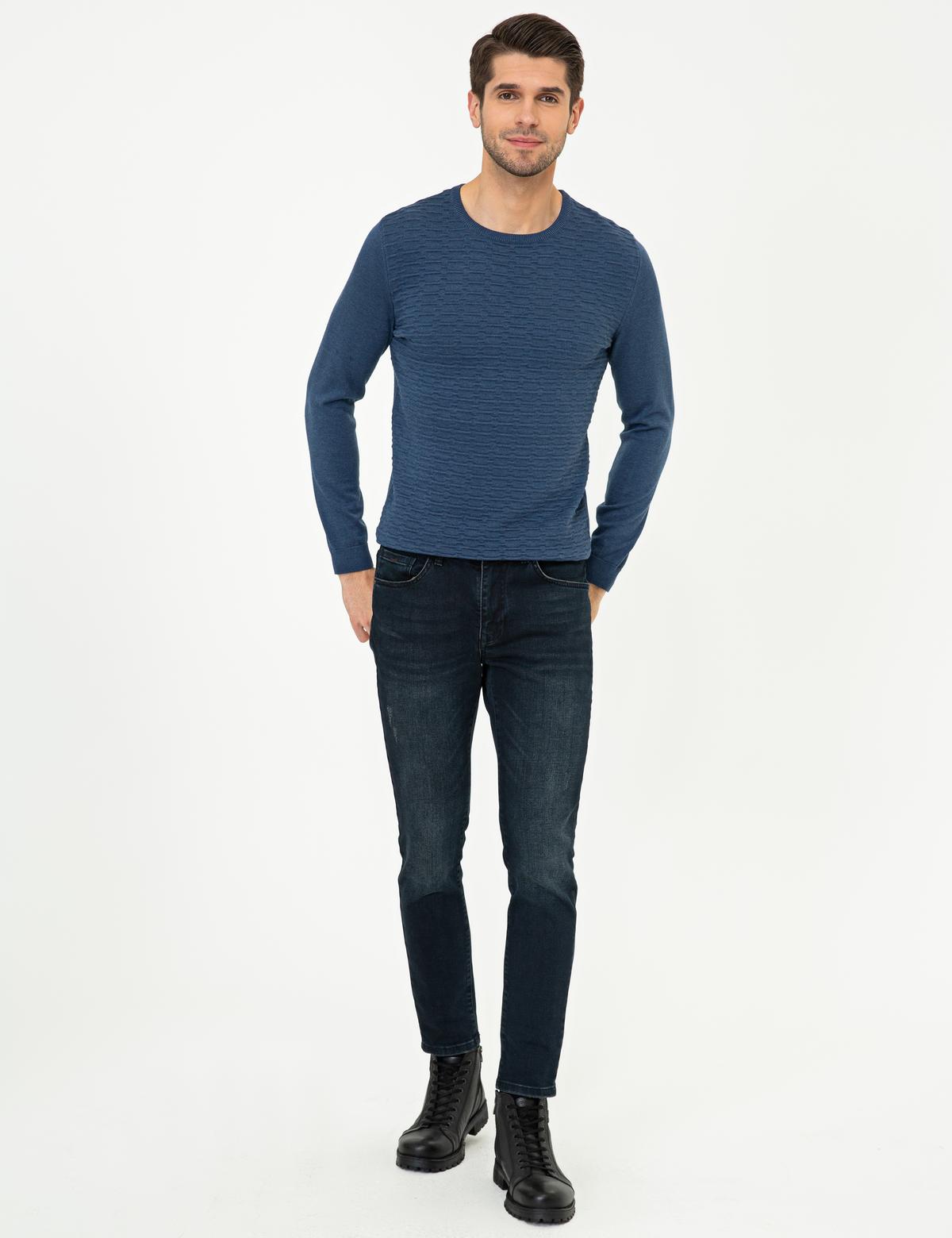 İndigo Melanj Slim Fit Bisiklet Yaka Triko Kazak - 50241425048