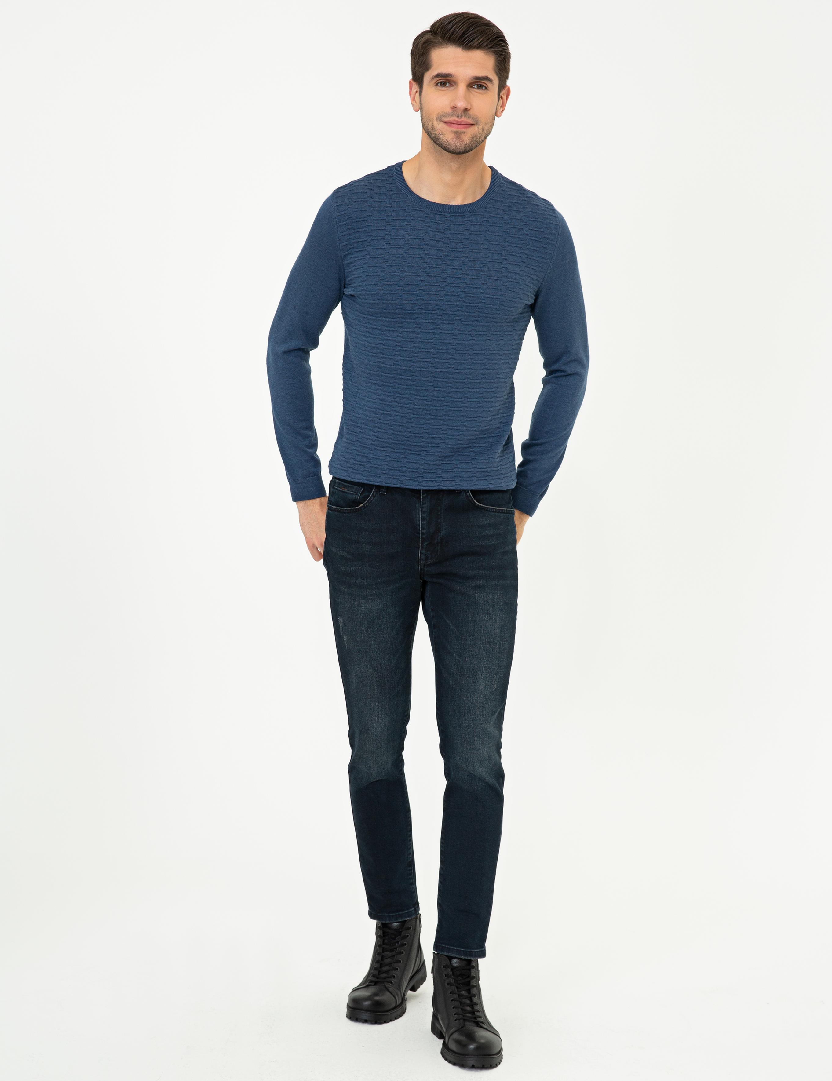 İndigo Melanj Slim Fit Bisiklet Yaka Triko Kazak