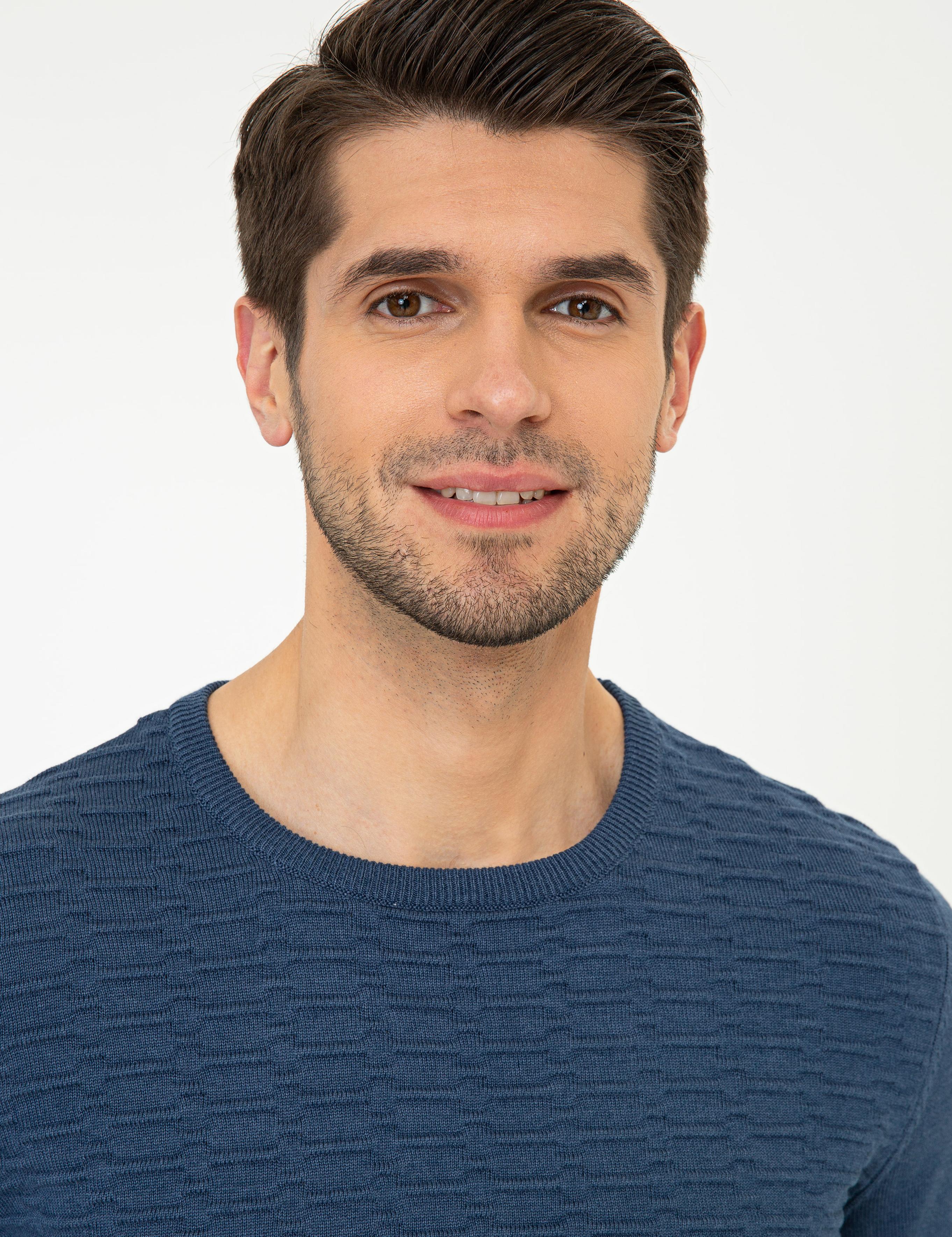 İndigo Melanj Slim Fit Bisiklet Yaka Triko Kazak