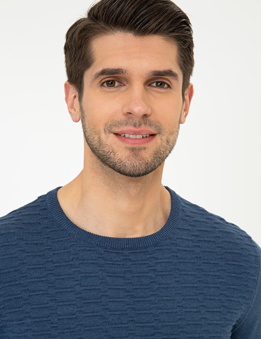 İndigo Melanj Slim Fit Bisiklet Yaka Triko Kazak