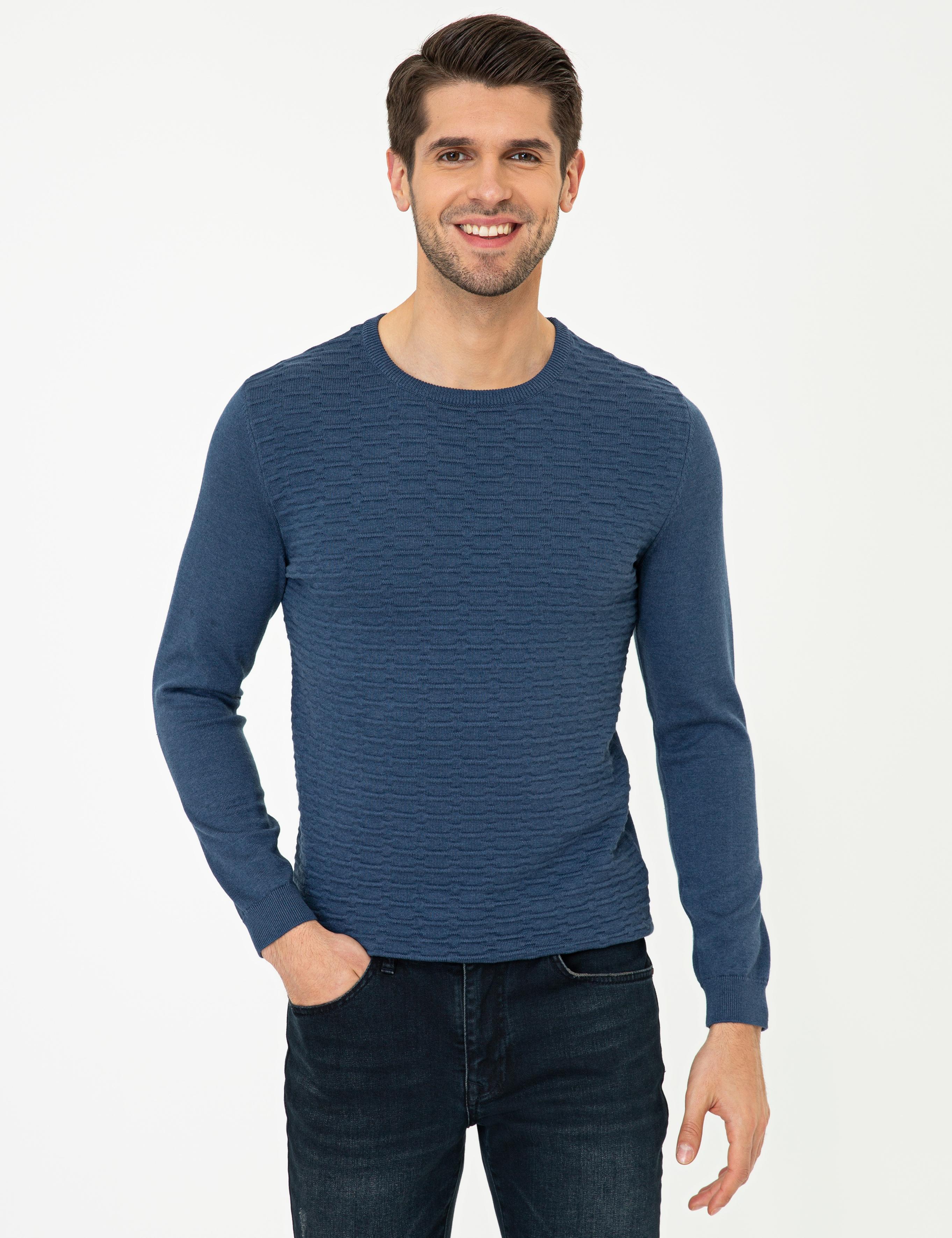 İndigo Melanj Slim Fit Bisiklet Yaka Triko Kazak