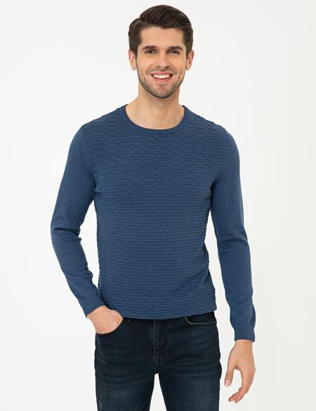 İndigo Melanj Slim Fit Bisiklet Yaka Triko Kazak - 50241425048