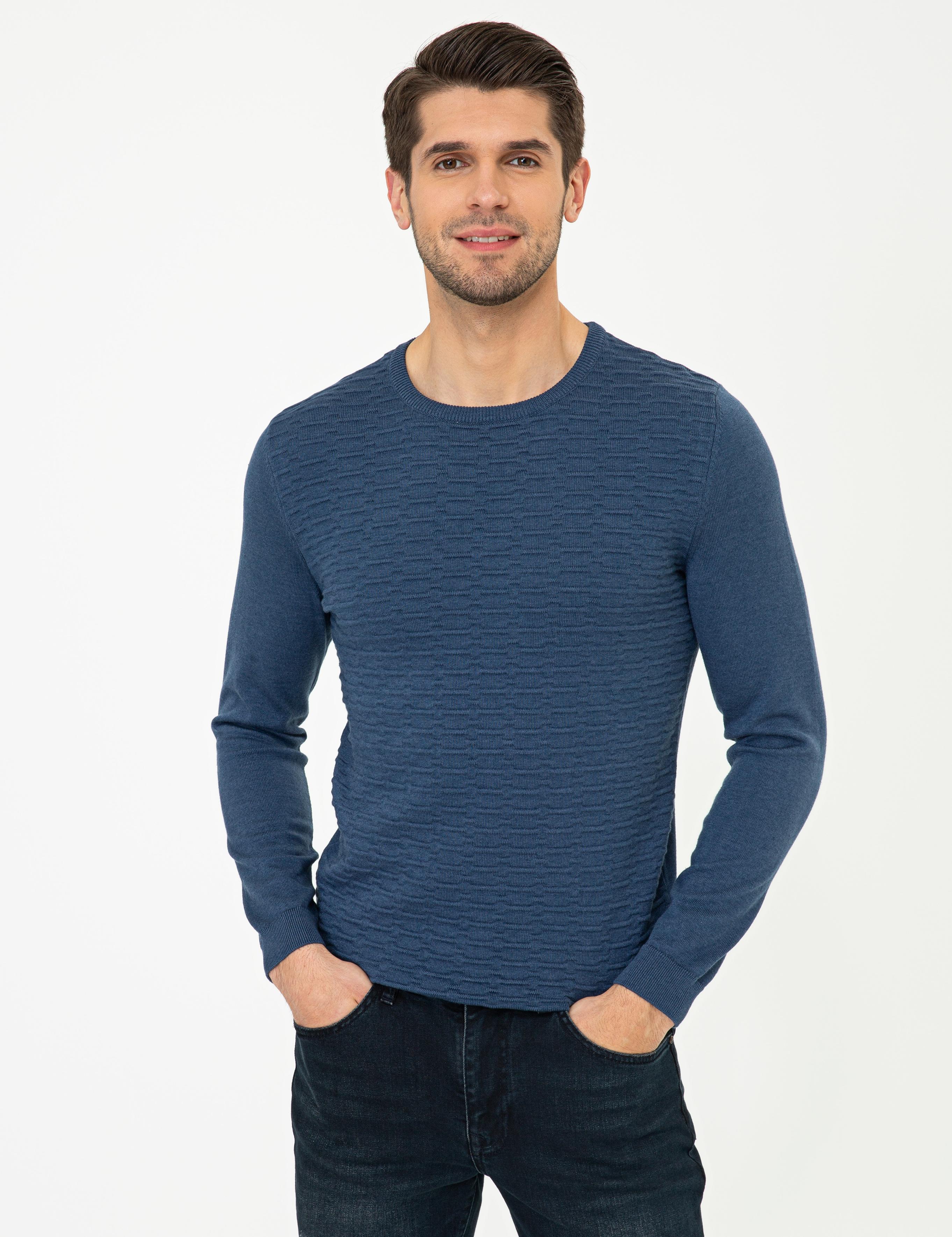 İndigo Melanj Slim Fit Bisiklet Yaka Triko Kazak