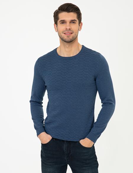 İndigo Melanj Slim Fit Bisiklet Yaka Triko Kazak - 50241425048