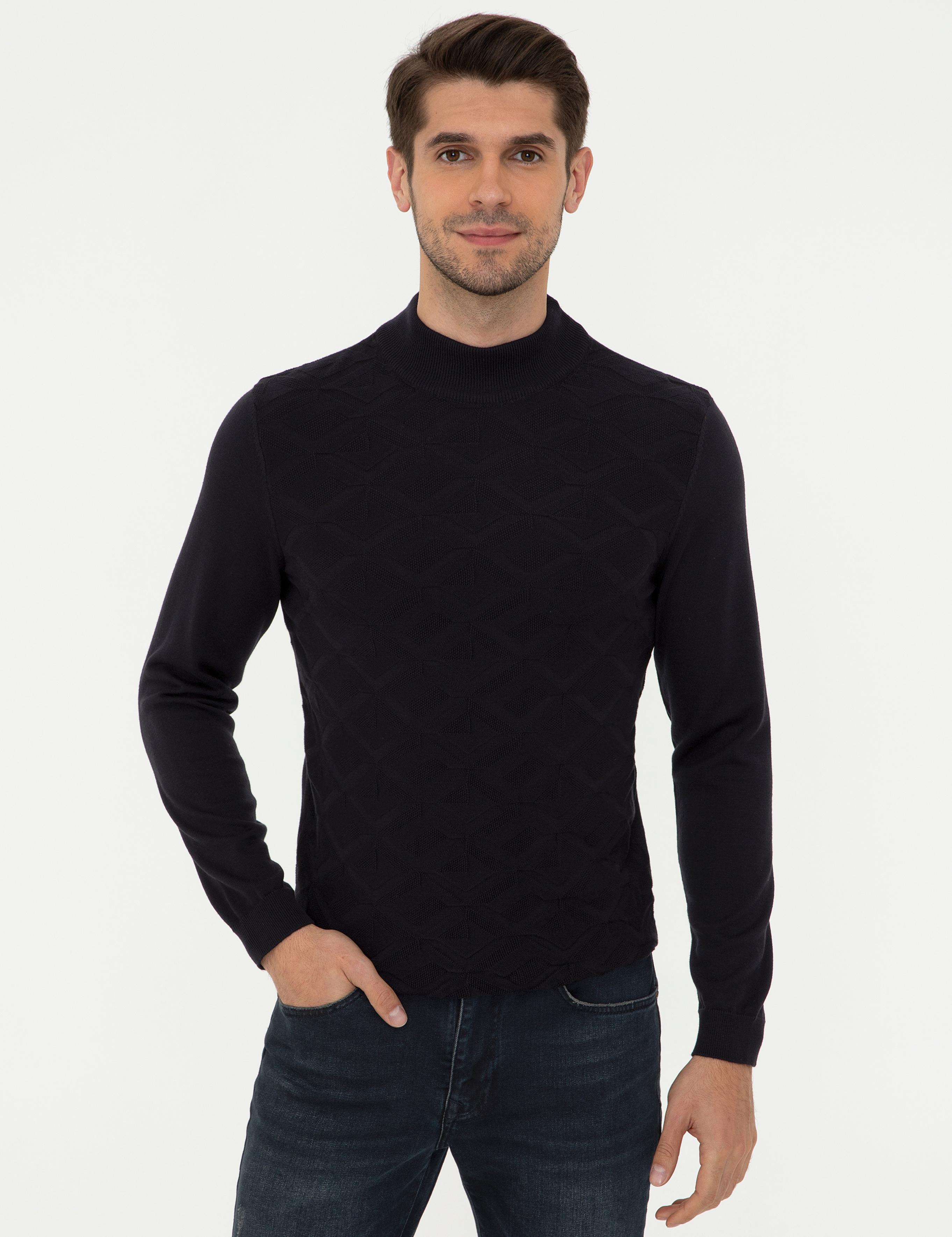 Lacivert Slim Fit Yarım Balıkçı Yaka Triko Kazak